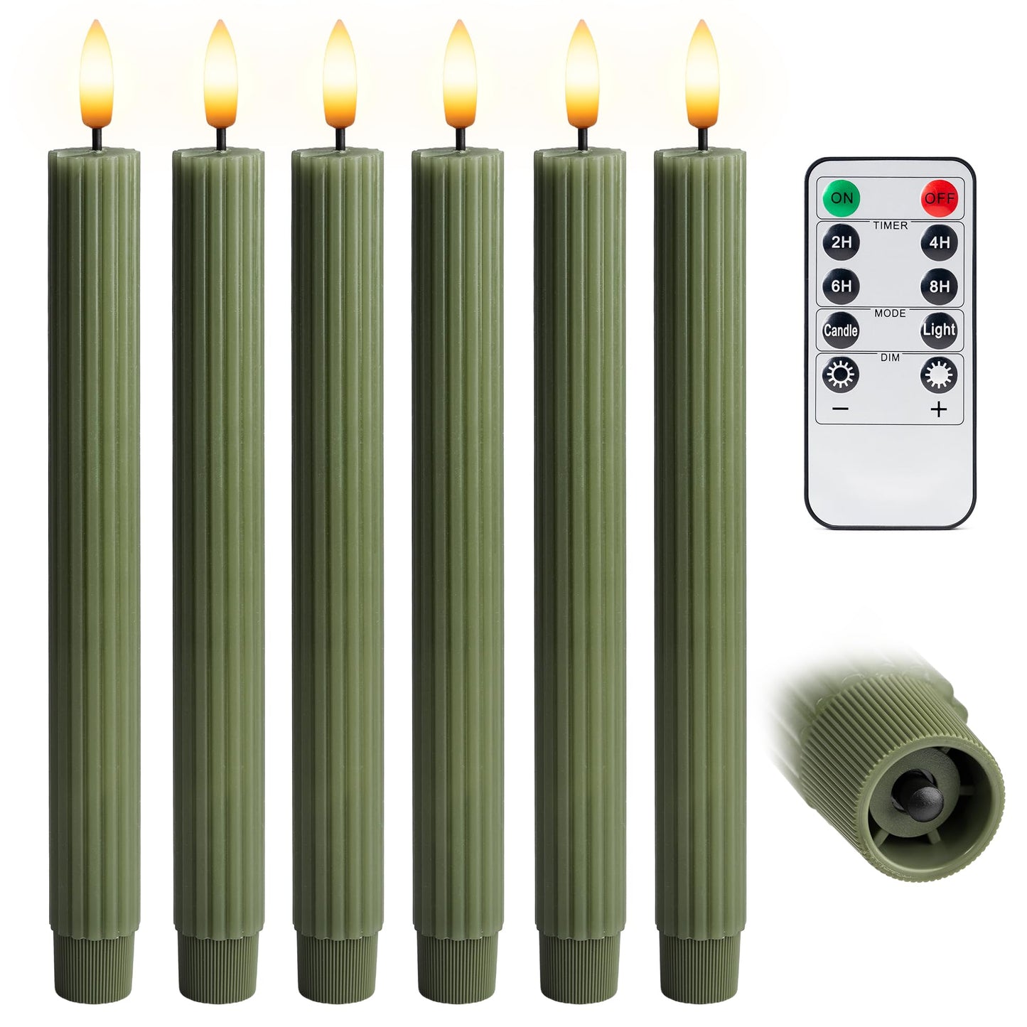 West Ivory 6 Pack, 10" LED Flameless Real Wax Sage Olive Loden Green Fluted Ribbed Grooved Taper Candles, Remote & 24h Timer Memory, On/Off Button, Dimmable, Flicker Mode, Battery Operated, Wedding