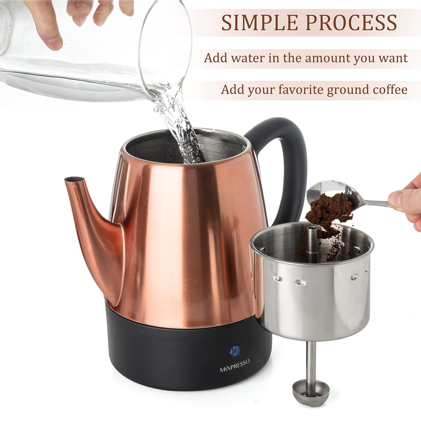 Mixpresso Electric Coffee Percolator Copper Body with Stainless Steel Lids Coffee Maker, Percolator Electric Pot - 4 Cups, Copper Camping Coffee Pot