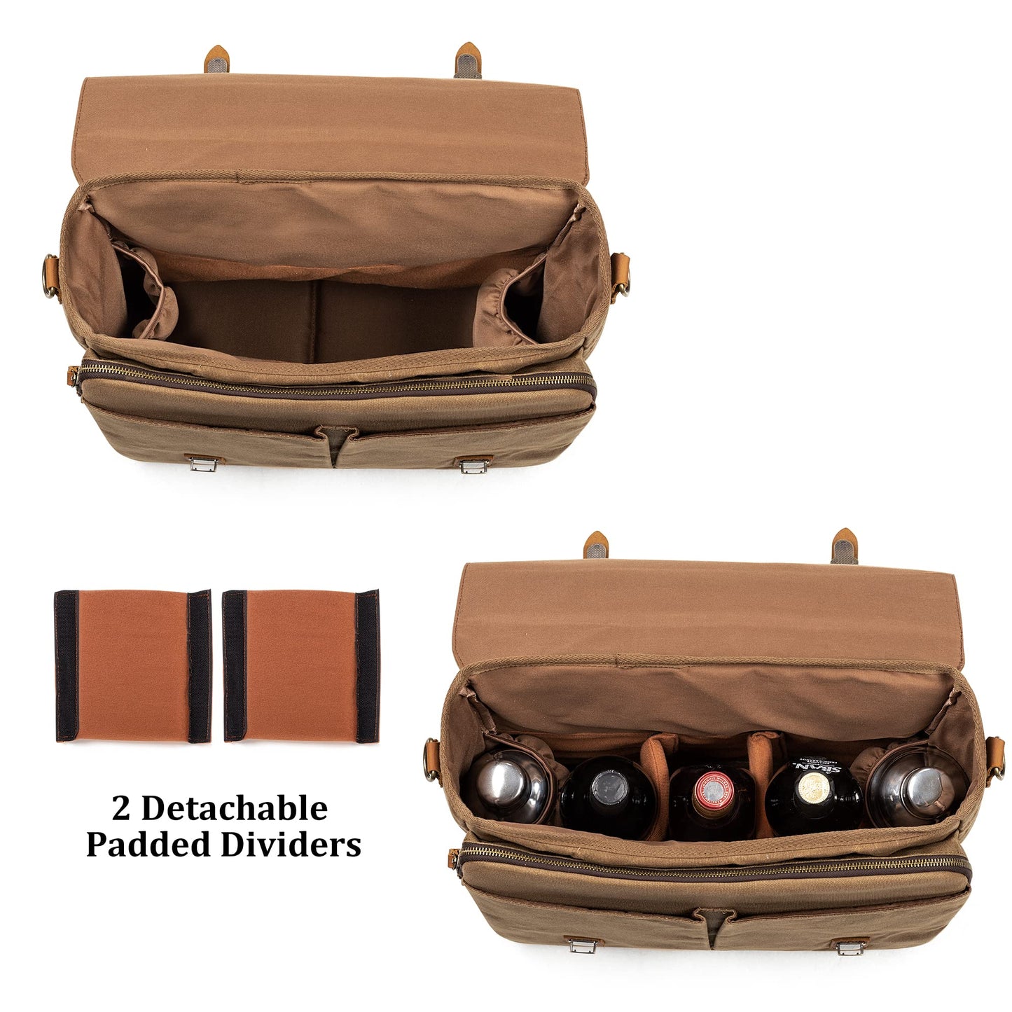 LoDrid Vintage Bartender Kit Bag with Flexible Compartments for Wine, Leather Waxed Canvas Bartender Bag with Removable Dividers, Bar Bag with Handle and Shoulder Strap, Bag Only, Patent Design