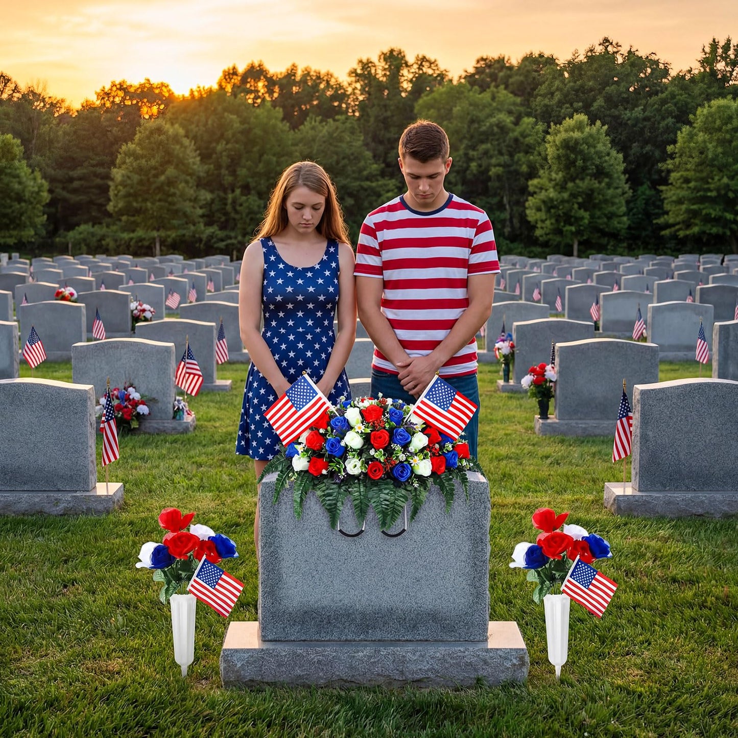 Giegxin 3 Pcs Memorial Day Headstone Flower Saddle Cemetery Flowers for Grave Artificial Memorial Floral with Vase American Flag Patriotic Red White Blue Rose Bouquets for Gravesite Tombstone Decor