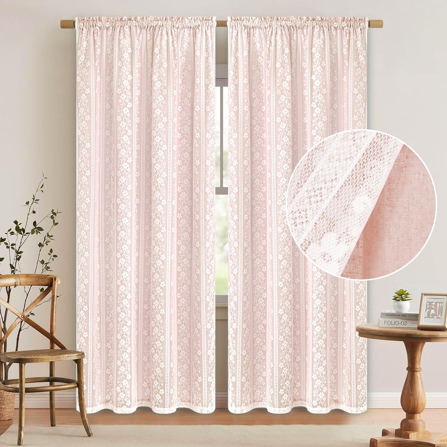 ASPMIZ Linen Pink Curtains for Bedroom, Double Layered Curtain 84 Inch Length 2 Panels Set, Farmhouse Rod Pocket Curtains & Drapes with Tiebacks, Light Filtering Curtain for Living Room, 52 x 84 Inch