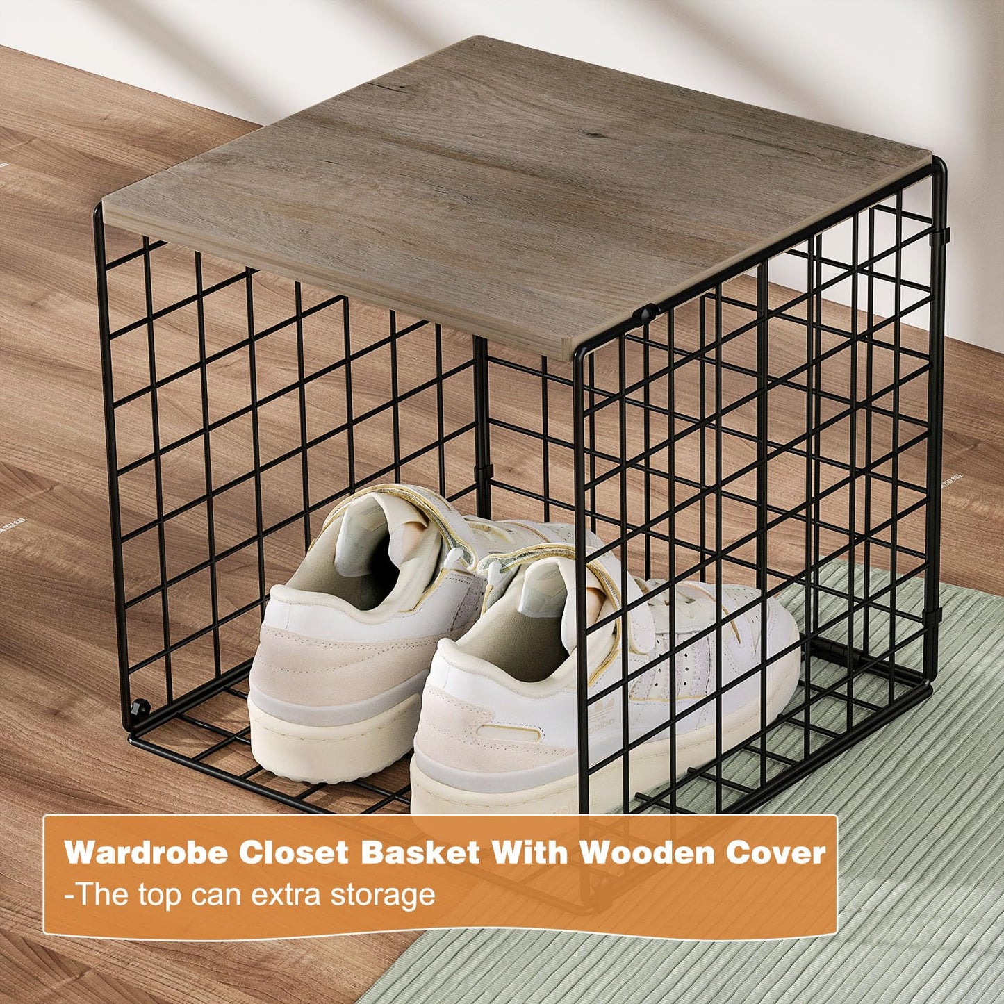 4-Tier Stackable Closet Organizers and Storage Basket, Shelves with Wood Top, Foldable Clothes Storage Bin/Cube Drawer Organizer for Wardrobe, Space-Saving, Closet Organization,Black(Patent Pending) ๏ปฟ