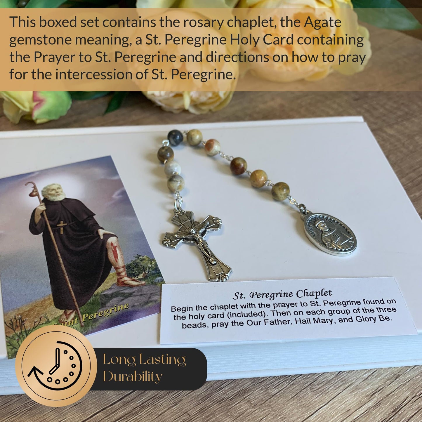 Agate Gemstone St. Peregrine Chaplet (Patron Saint of Cancer Patients and Illness) - Includes Holy Card, How to Pray The Chaplet, Gemstone Meaning (Agate Gemstone)