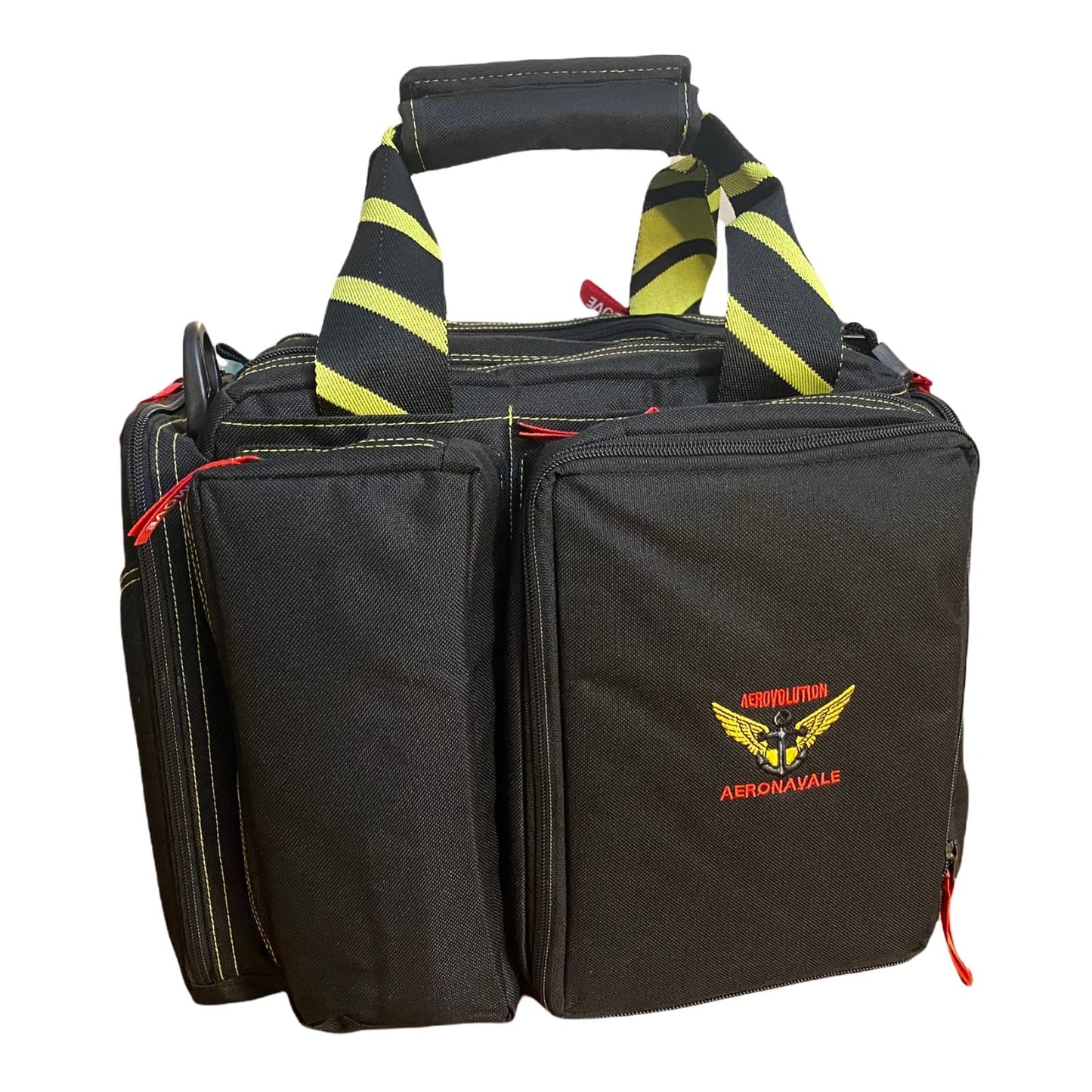 F-22 Aeronavale Aerovolution Pilot Flight Bag, Multiple Pouches, Waterproof Nylon, Shooting Bag, Integrated Glasses Case, Top Gun Bag Black/Yellow/Red, Black, Yellow and Red, Modern