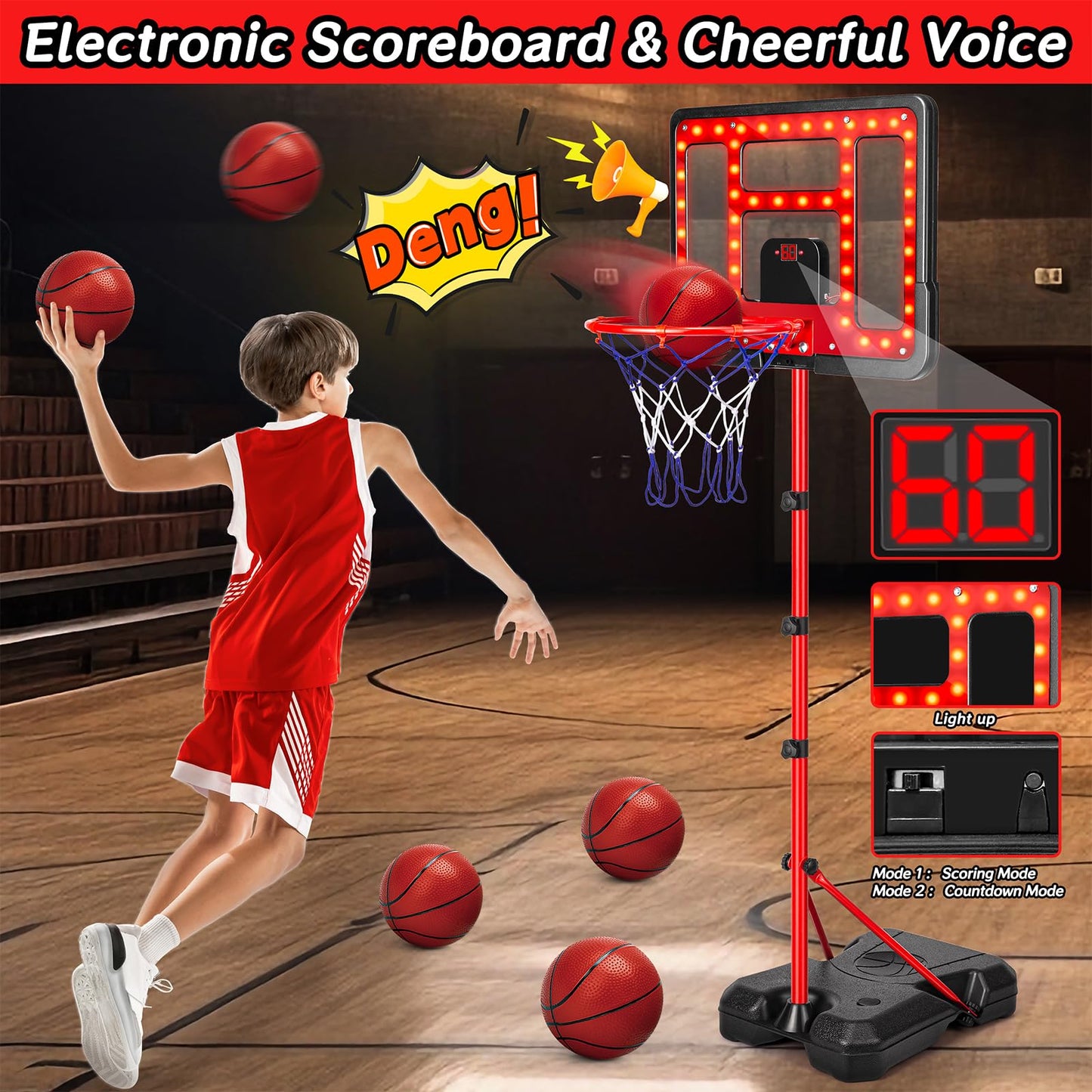 Kids Basketball Hoop Adjustable Height 3.5FT-6.2FT, Indoor & Outdoor Toddler Basketball Hoop with Scoreboard & LED, Boys Basketball Toy for 3 4 5 6 7 8 Years Gift, Portable Basketball Goals Sport Game