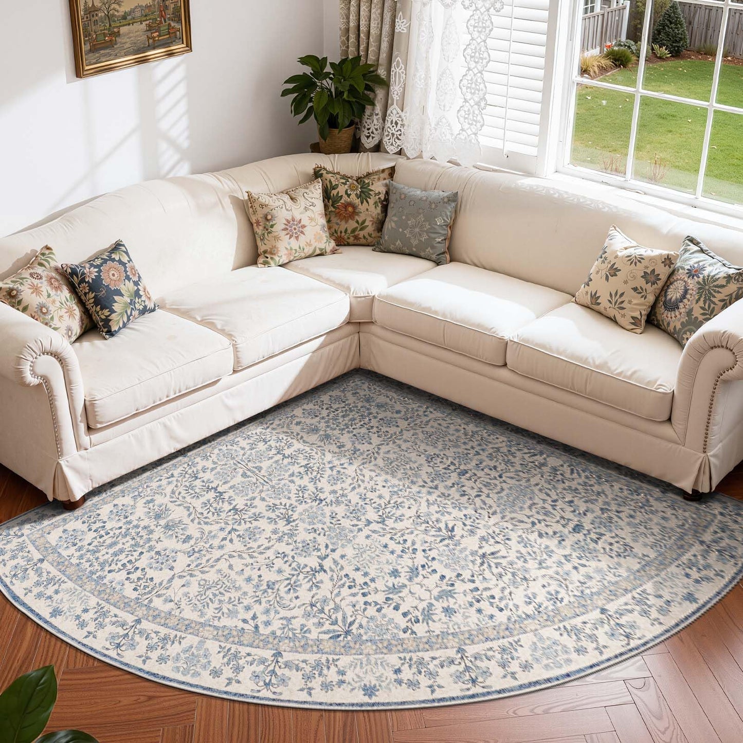 jinchan Zenith Corner Rug 6x6 Area Rug Floral Soft Aesthetic Rug Non-Slip Low Pile Machine Washable Carpet for Entryway Bedroom Kids Room Kitchen College Dorm Blue/Cream