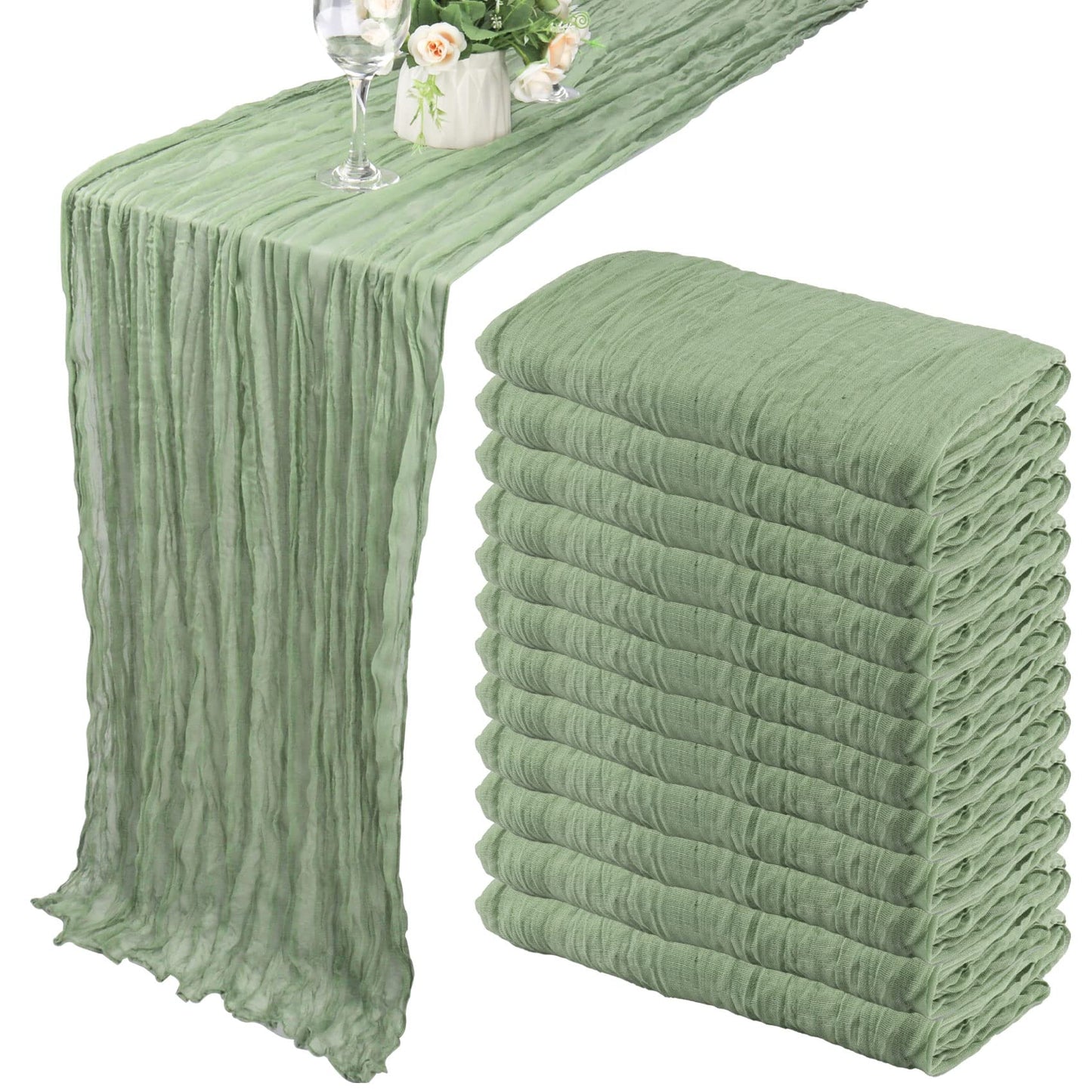 12 Pack 10Ft Cheesecloth Boho Gauze Long Romantic Table Runner for Wedding Bridal Shower Birthday Party Decor (Dusty Sage Green)