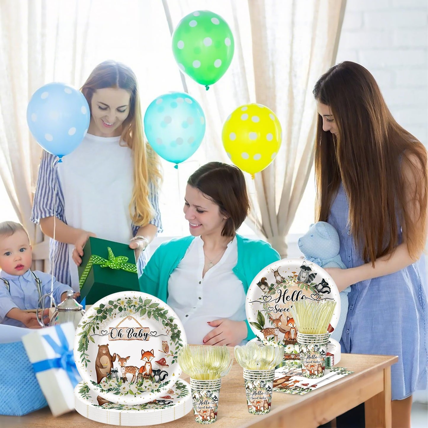 350 Pieces Woodland Baby Shower Decorations Set Serves 50 Guests, Forest Theme Party Supplies Tableware with Plates, Cups, Napkins, Disposable Tableware