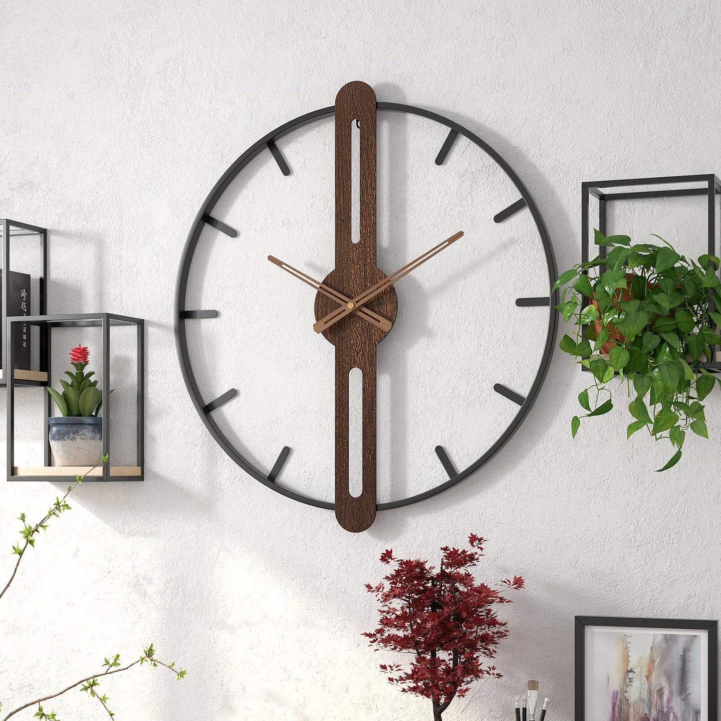 DAYDAYART Modern Walnut Dial Wall Clock, Wood Large Wall Clock Decor Metal Frame Silent Non Ticking for Living Room, Bedroom, Kitchen, Study Decoration, Handmade Home Present Idea, 20 in (50 cm)