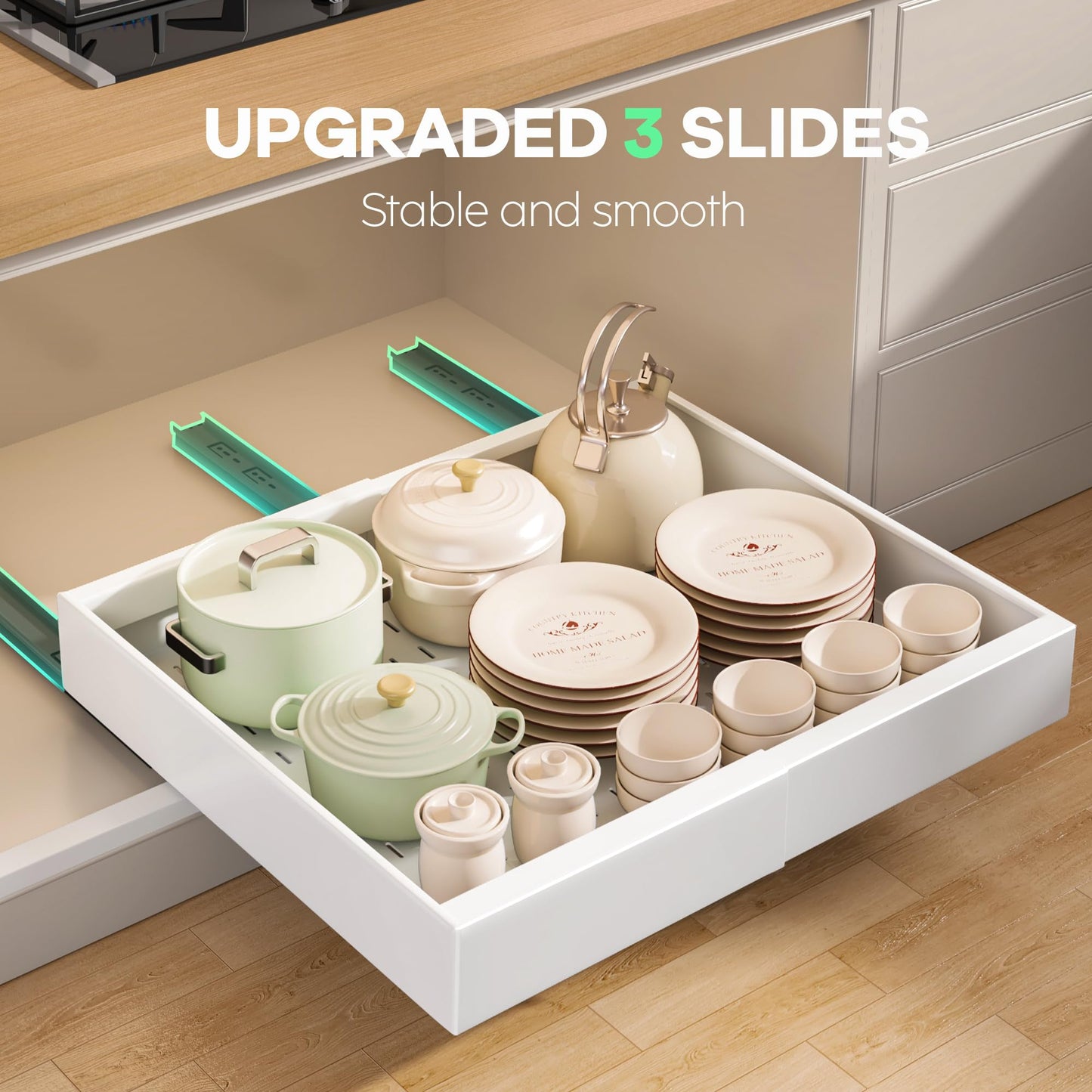 Seinloes 2Pack Pull out Cabinet Organizer 21"Deep with 4 Adjustable Dividers,Expandable(12.1"-20.4"W) Pots and Pans Organizer Under Cabinet with Raising Pad for Framed Cabinets,Slide out Drawers,White