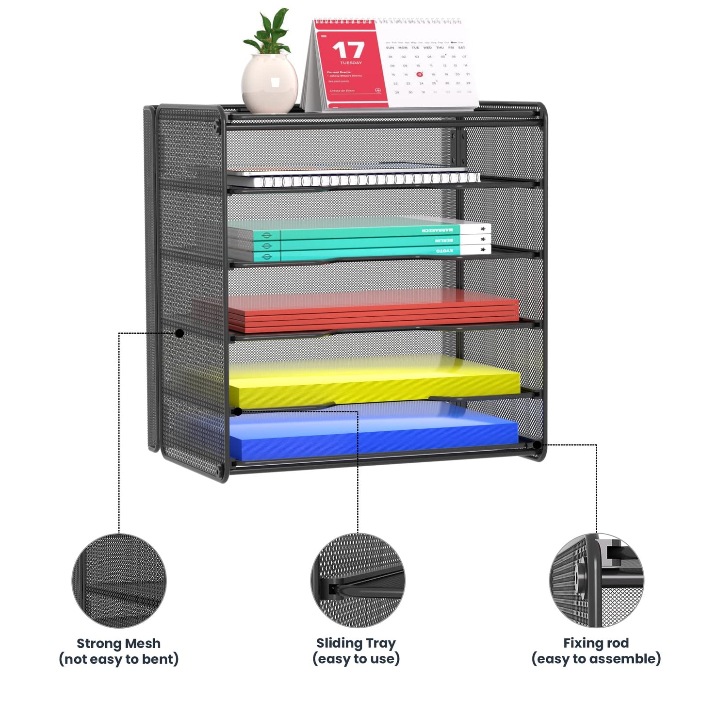 Samstar 2 Pack Paper Letter Tray, Mesh Desk File Organizer with 5 Tier Shelf and Sorter, Black