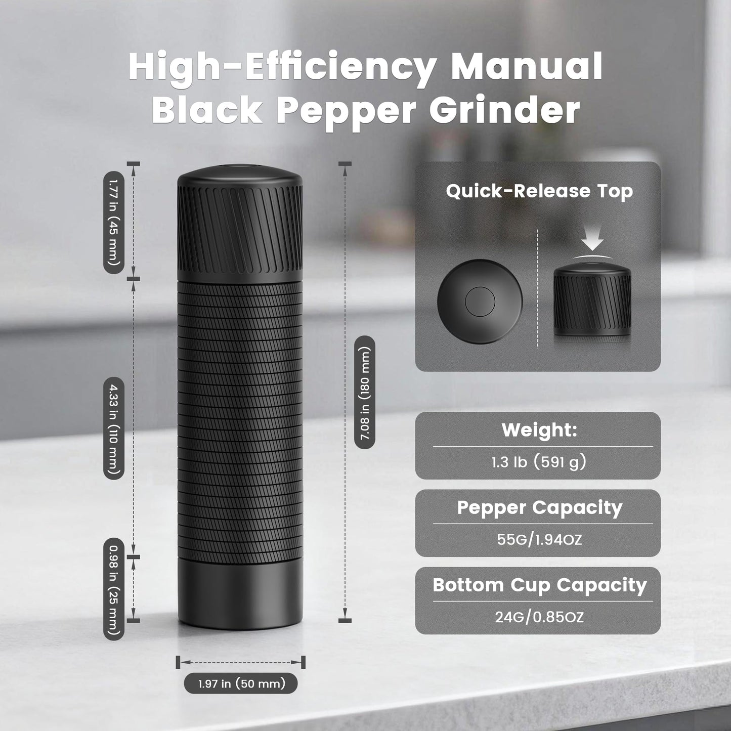 Heavy Duty Manual Pepper Grinder & Spice Mill – Adjustable, Refillable, Stainless Steel & Aluminum, High Output for Black Pepper, White Pepper, Chili, and Thyme, Home, Restaurant & Gourmet Kitchen