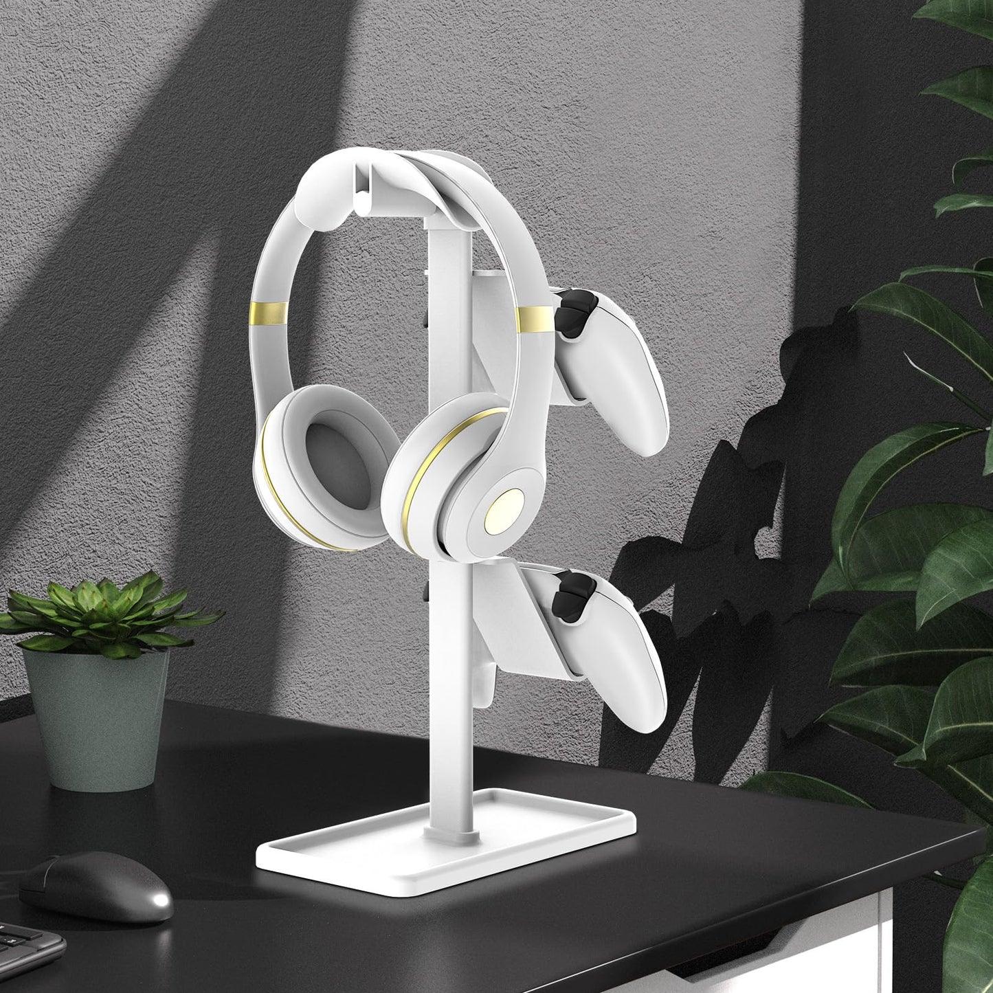 SHUOSUO Controller Holder, Headphone Stand, Gaming Controller Stand for Xbox PS5 PS4 Switch, Headset Holder with Storage Organizer, Universal Desk Game Accessories (White)