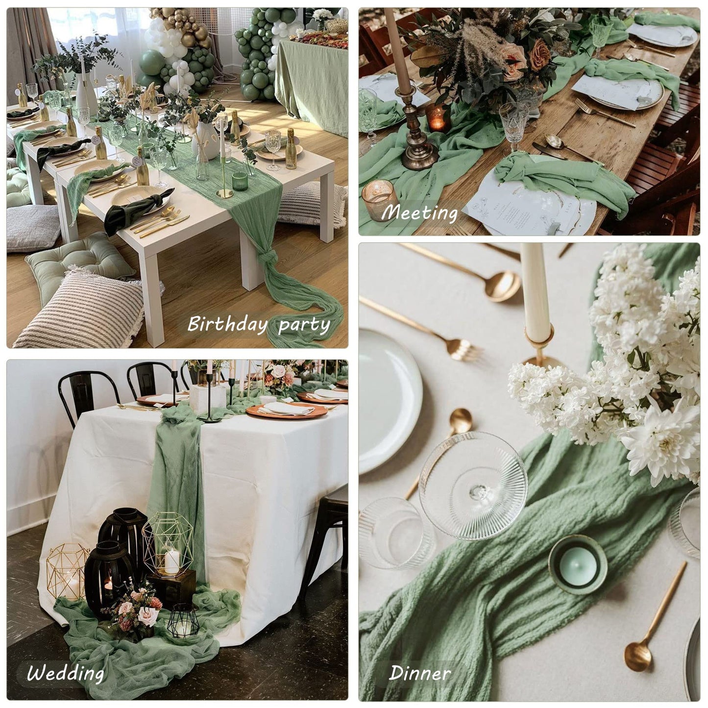 12 Pack 10Ft Cheesecloth Boho Gauze Long Romantic Table Runner for Wedding Bridal Shower Birthday Party Decor (Dusty Sage Green)