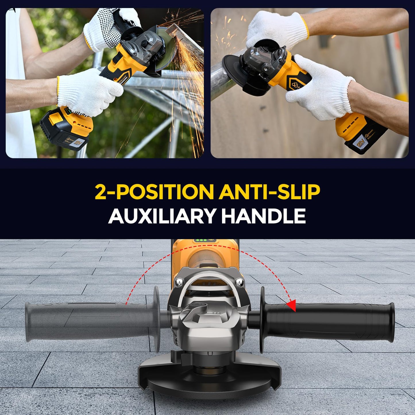 Aowei Brushless Cordless Angle Grinder, 21V Angle Grinder Toolbox Kit, with 2x4.0Ah lithium batteries and charger, yellow 4-1/2 inch grinder, suitable for cutting, grinding, polishing