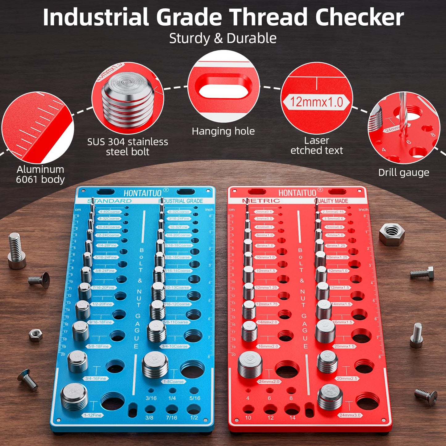 62 Nut and Bolt Thread Checker Standard and Metric,Bolt Size and Thread Gauge with 25 Standard & 25 Metric Bolt & 12 Drill Bit Gauge,Bolt and Nut Identifier Gauge