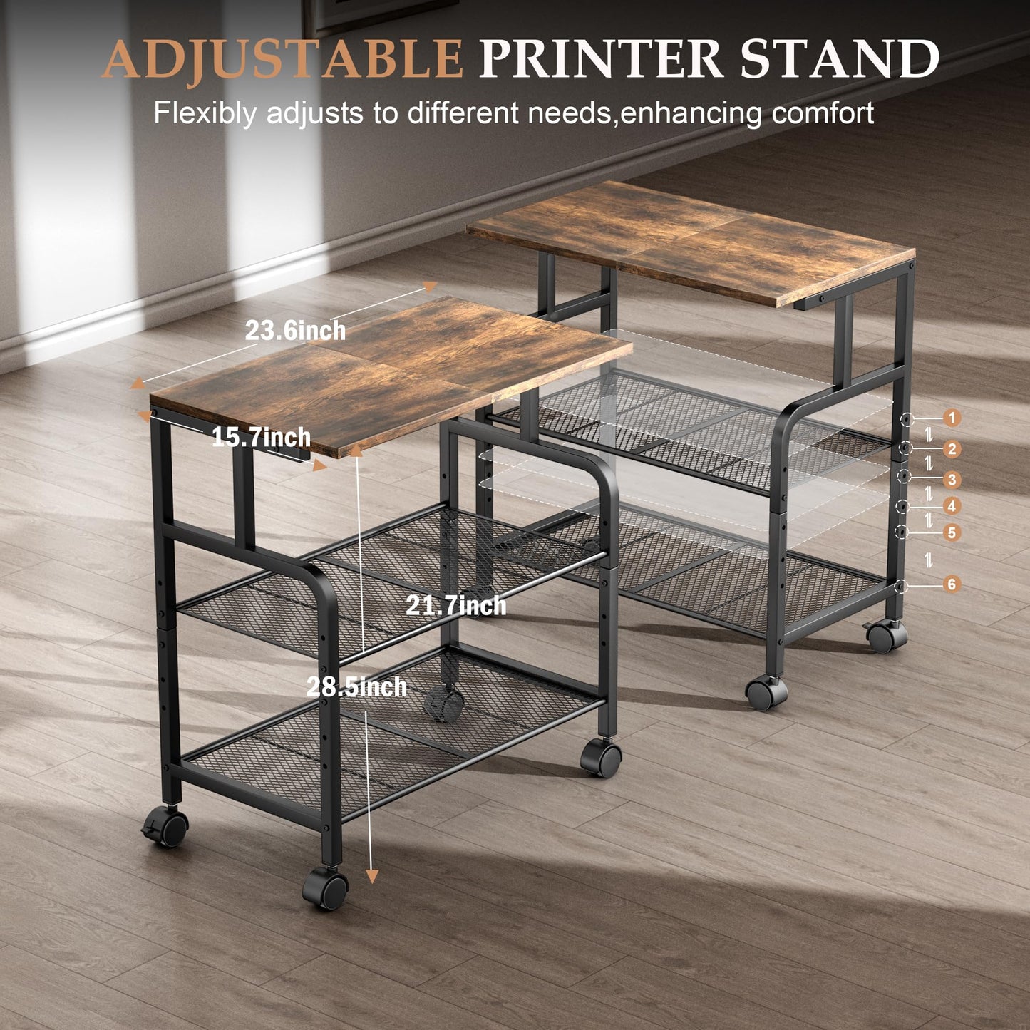 Alexayhome Printer Cart with Wheels, Printer Stand with Storage, Printer Table for Home Office, 3 Tier Cart with Adjustable Shelf, Supports Up to 100 Lbs, for Print, Heat Press, Scanner & Fax
