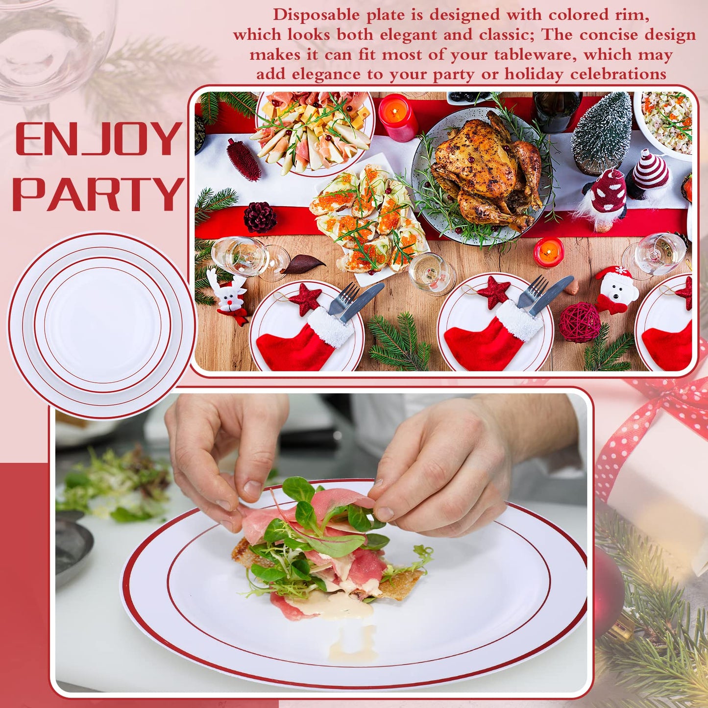 100 Pieces Party Plates Disposable Dinnerware Set 50 Guests Disposable Plastic Dinnerware for Party Dinner and Salad Plates, Plastic Plate with Elegant Rim for Wedding Graduation Party(Red Rim)