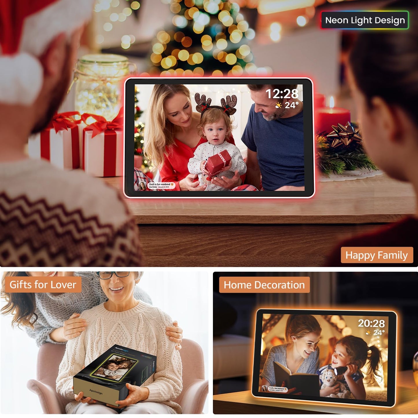 ApoloSign Neon Light Digital Picture Frame - 10.1" HD Display | AI Color-Changing LED Strip Digital Photo Frame | Quick Share Photos/Videos, Easy Setup in Frameo App | Best Digital Frame for Gifting