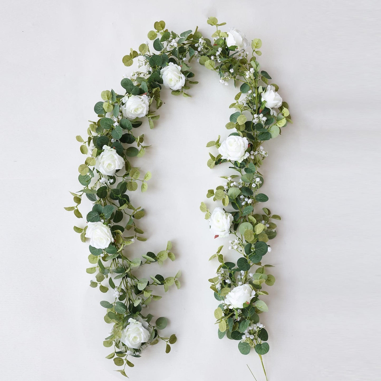 Anna's Whimsy 2PCS 5.91FT Artificial Eucalyptus Garland with Flowers, Fake Rose Gypsophila Garland, Faux Floral Greenery Garlands for Wedding Spring Home Party Table Runner Decor(White)