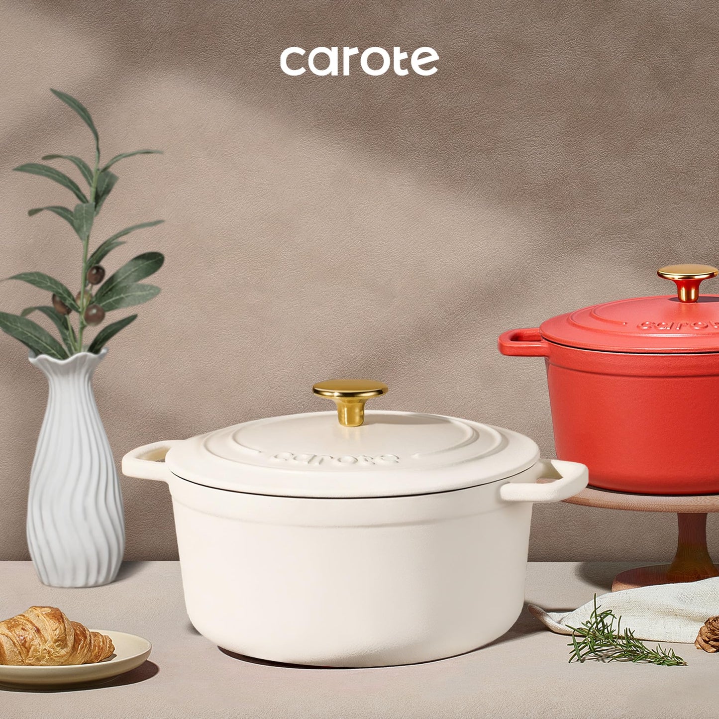 CAROTE 7QT Enameled Cast Iron Dutch Oven Pot with Lid, Heavy-Duty Dutch Ovens for Sourdough Bread Baking, Braising, Stews, Roasting, Healthy & Non-Toxic, Dual Handles, All Stovetop Compatible, Oven Safe up to 500° F, Cream White