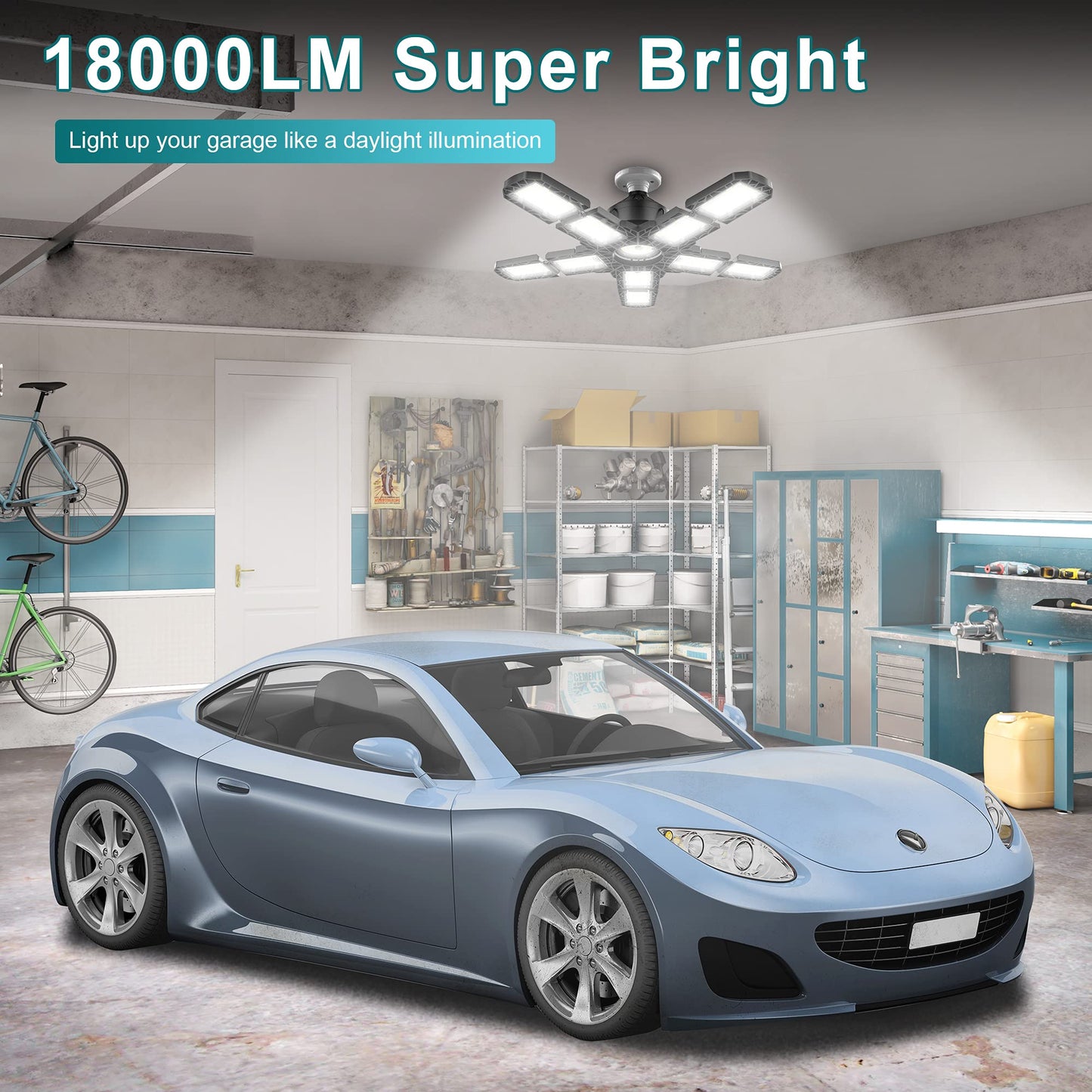 Nexillumi 4-Pack Led Garage Light 180W, 36000LM LED Shop Lights with E26/E27 Medium Base, 6000K Deformable Garage Lights Ceiling LED with 10+1 Adjustable Panels for Garage, Workshop, Attic, Basemen