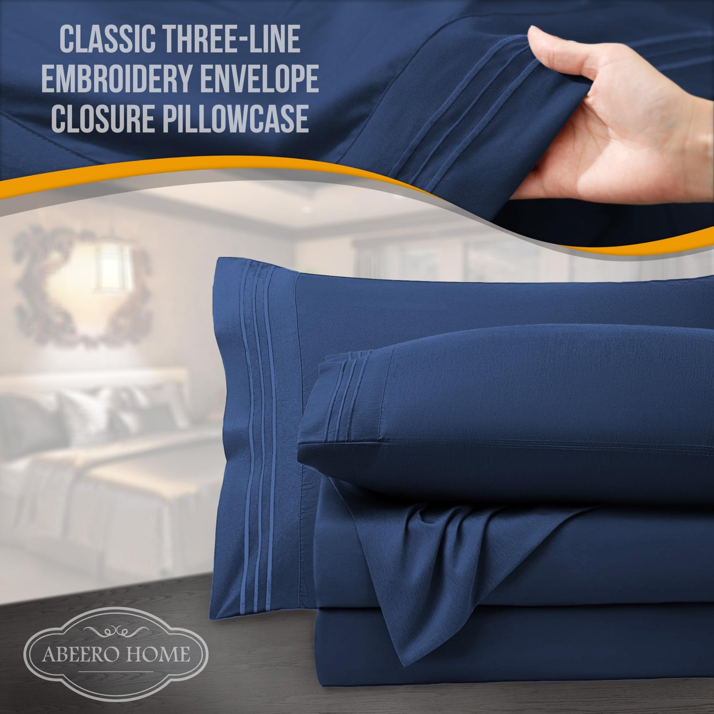 Abeero Home Queen Sheet Set - Luxury Hotel Bed Sheets - Soft Cooling Sheets with Elastic Corner Straps - Deep Pocket Microfiber Bedsheet - Bedding Sheets & Pillowcases - 4 PC (Queen Size, Navy Blue)