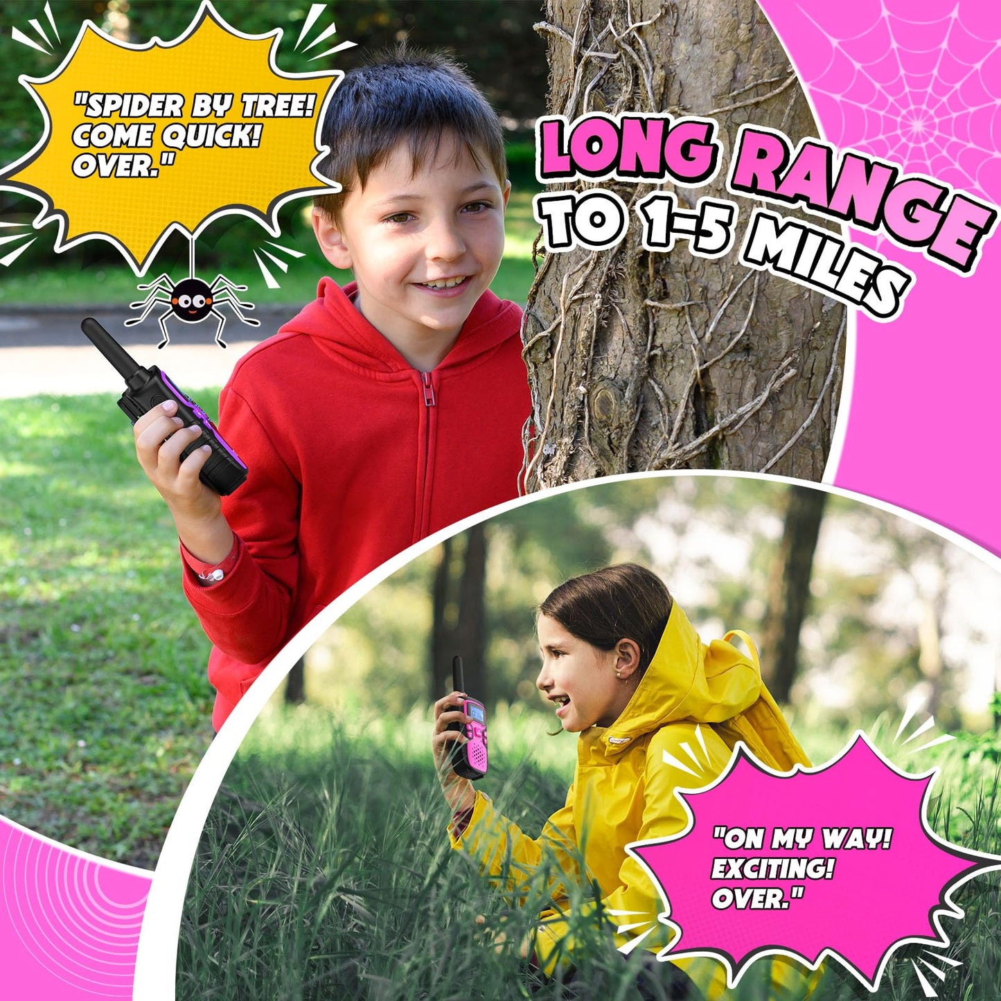 Wishouse Walkie Talkies for Kids Rechargeable Long Range,Xmas Birthday Gift for 4 5 6 7 8 9 Year Old Girls,Hiking Gear Camping Games Cool Toys with NOAA,SOS Siren,Lamp,Lanyards,Easy to Use,2 Pack