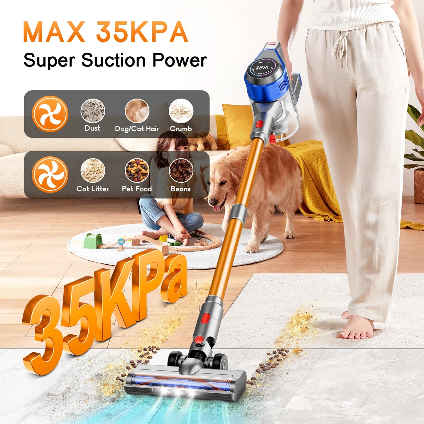 BSNAW Cordless Stick Vacuum Cleaner - Rechargeable, 35Kpa Powerful Vacuums with Detachable Battery, LED Display, 45Mins Runtime, 8 in 1 Handheld Vacuum for Hardfloor & Carpets Pet Hair, Blue