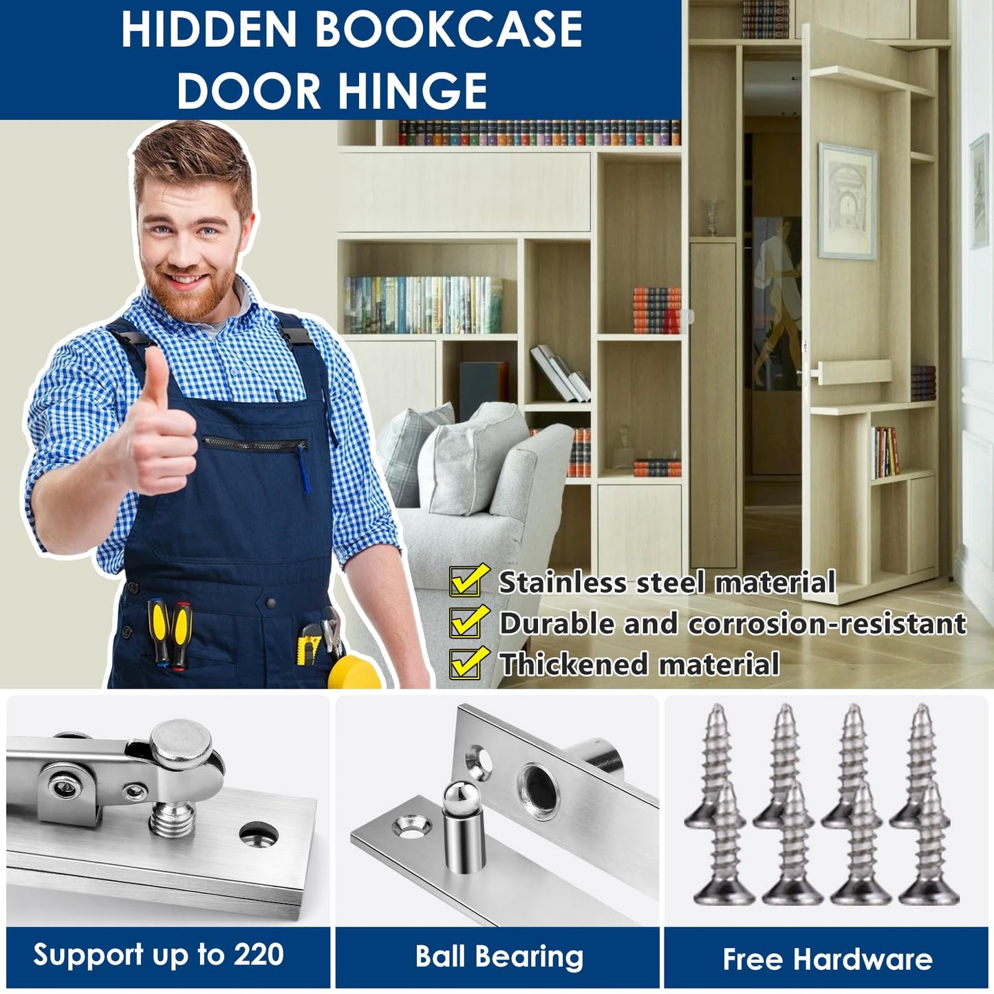 2 Pack | Heavy Duty Pivot Hinge for Wood Door - HBL' Stainless Steel Hidden Door Hinge for Secret Door, with 360 Degree Rotation, Invisible Pivot Door Hardware for Bookshelf.