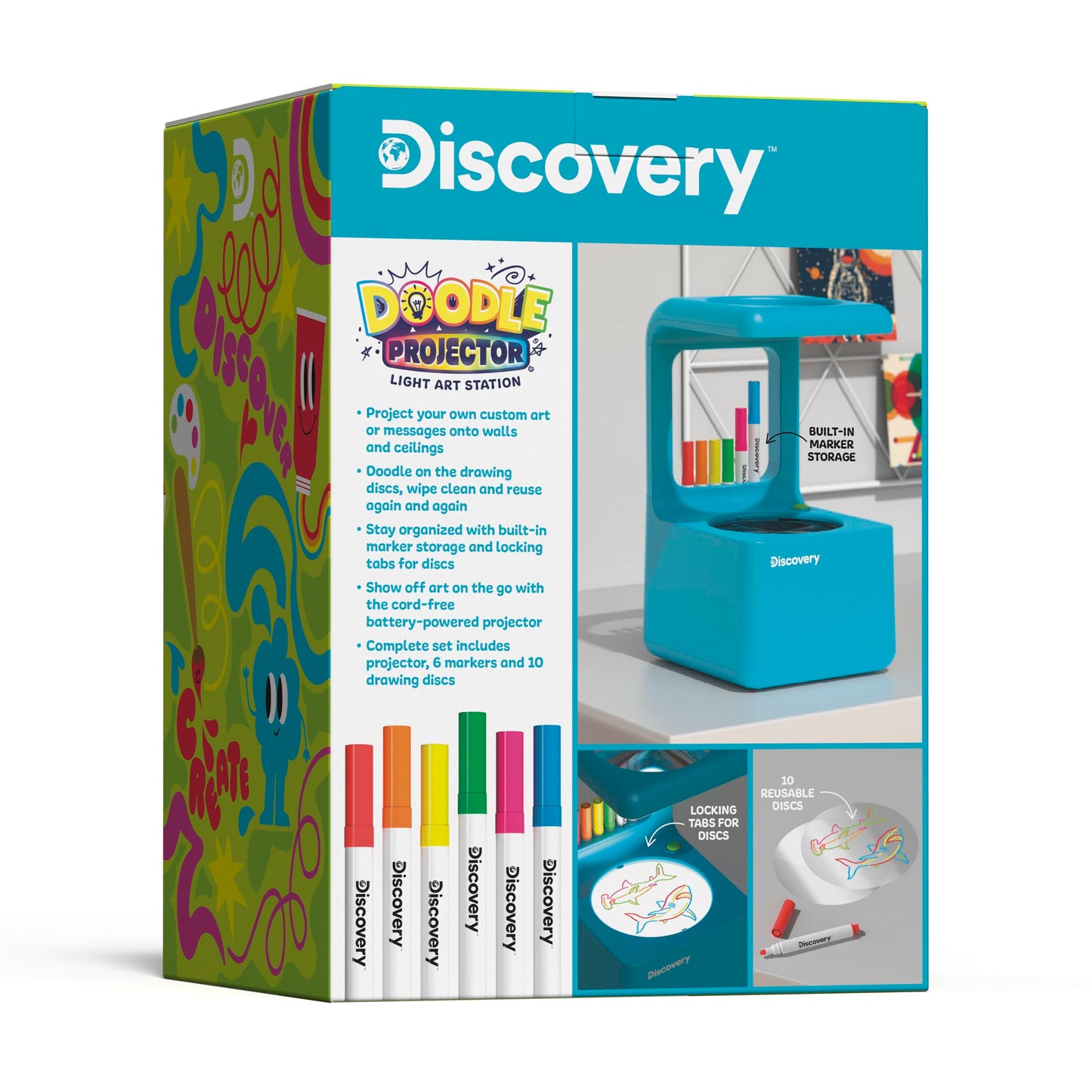 Discovery Doodle Projector Light Art Station, Includes 6 Markers, 10 Reusable Drawing Discs, Projects Art on Walls & Ceilings