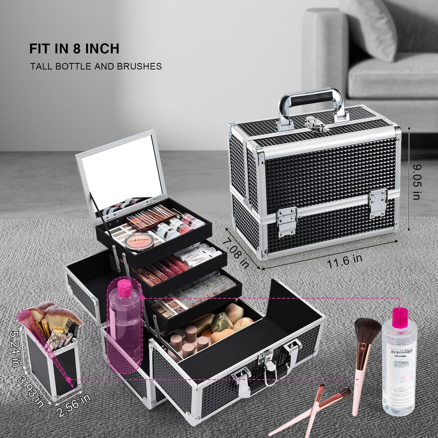 Joligrace Makeup Box Organizer 11.8 Inch Large Makeup Case 3-Tray with Mirror Carrying Make-up Train Case with Brush Holder Locking Portable Cosmetic Travel Storage Shiny Black