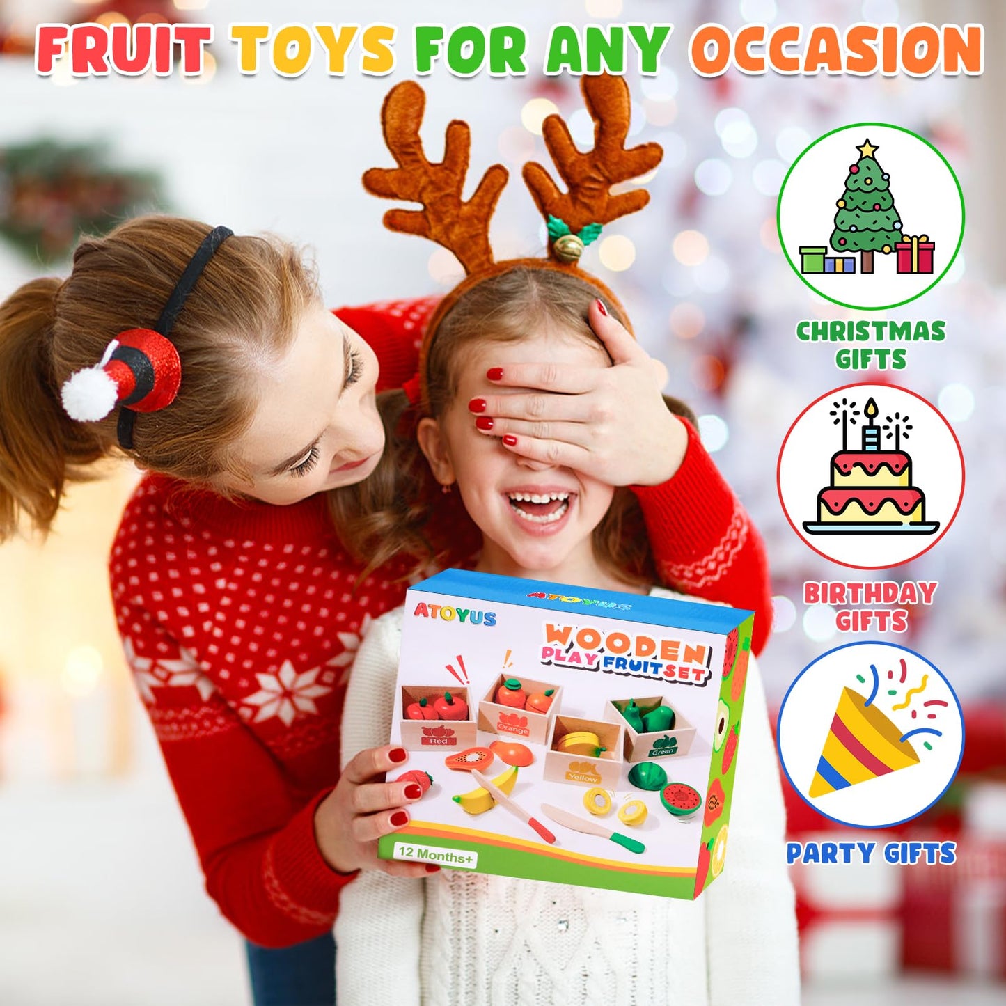 ATOYUS Wooden Play Food Set Toys for Toddlers 1-3, Kids Toy Play Kitchen Accessories, Cutting Fruits Pretend Food with Storage Boxes, Christmas Birthday Gifts for 1 2 3 Year Old Baby Boys Girls