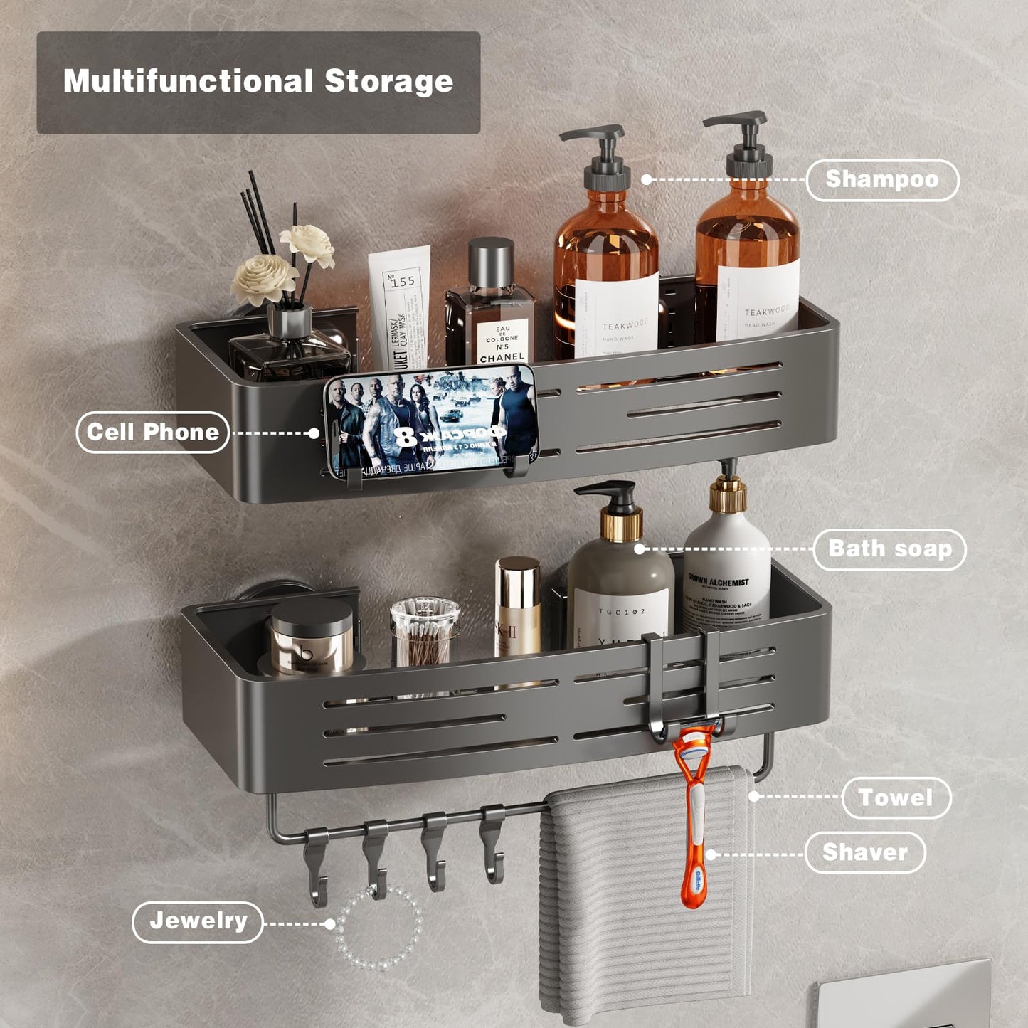Voldra Shower Caddy Suction Cup, 2 Pack Shower Shelves for Inside Shower No Drilling, Aluminum Suction Showers Organizer with Towel Bar & Hooks Removable Bathroom Shelf Storage Rack(Gray)