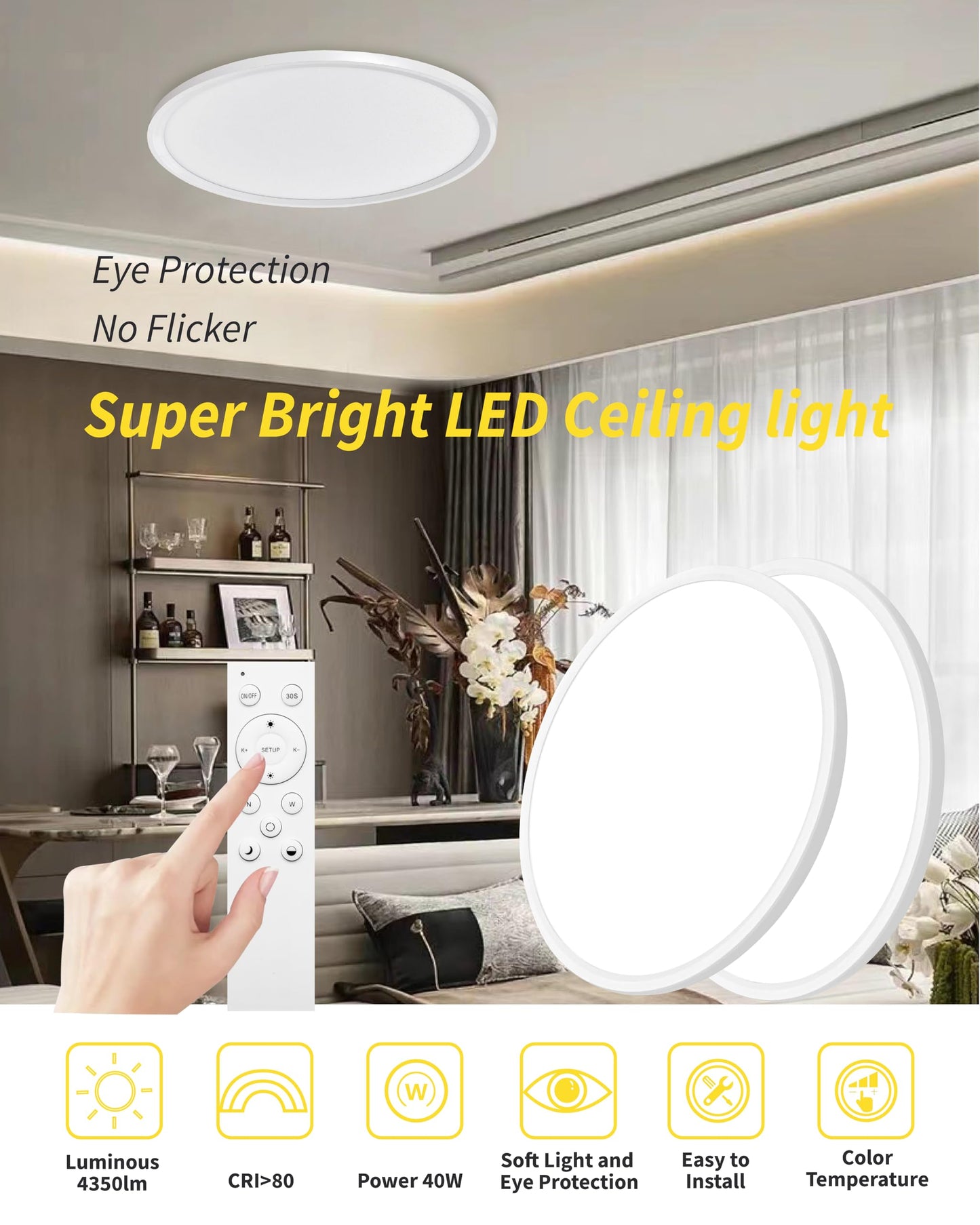1Pack 20 Inch Remote Control Dimmable Large LED Flush Mount Ceiling Light Panel,40W 4350LM,2700K-6000K Adjustable Color,Ultra Thin Round White Ceiling Light Fixture for Hallway Kitchen Home Office