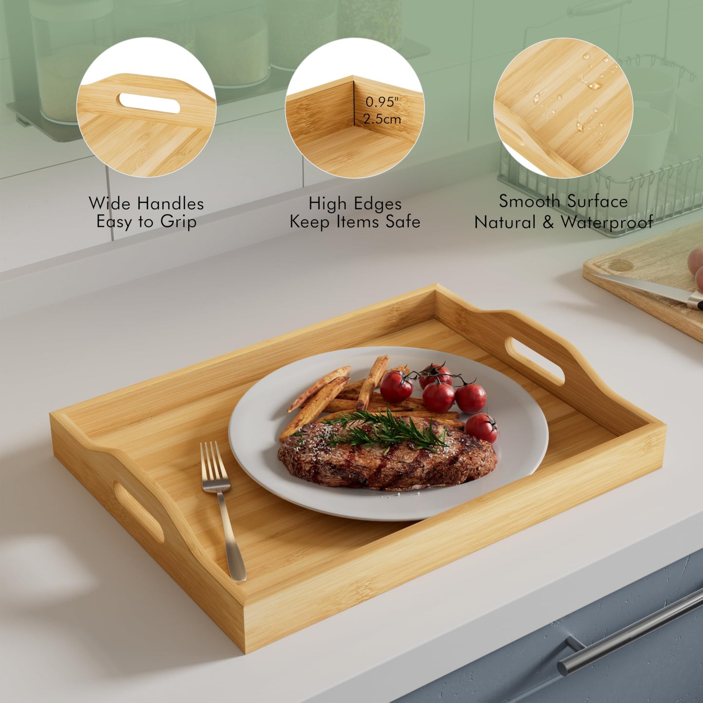 3 Pack Serving Tray with Handles, 3 Sizes Nestable Rectangular Tray Easy Carrying Serving Trays, Durable Bamboo Trays for Serving Food, Party, Kitchen, Organizing, Decorating