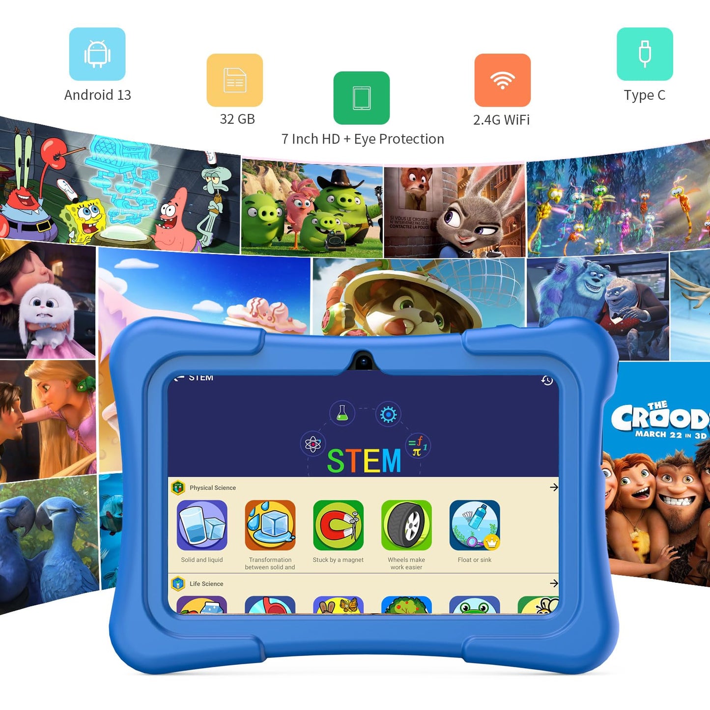 PRITOM 7 inch Tablet for Kids with Solid Case, Kids Tablets 32GB with Parental Control, Pre-Installed APPs Free Games, Learning Educational Toddler Tablet WiFi, Bluetooth, Camera