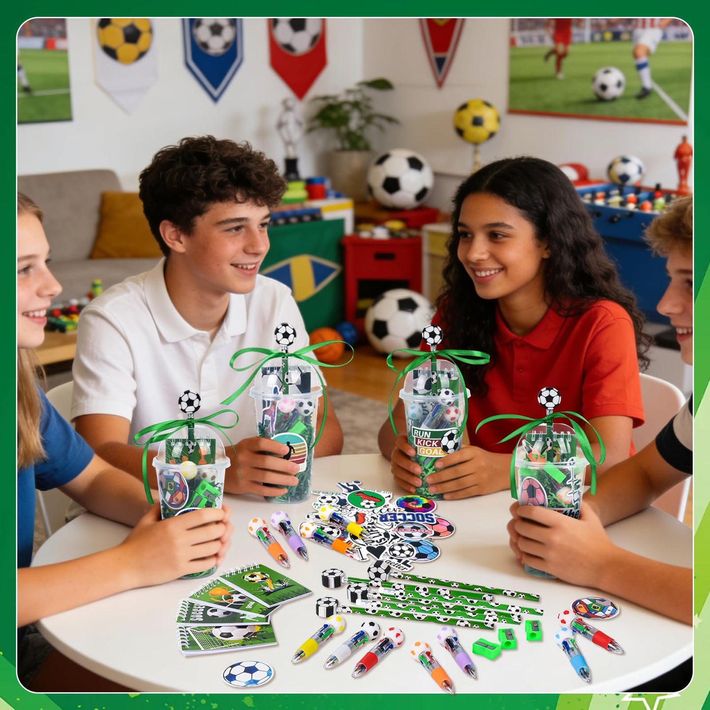 LiYiQ 247 Pcs Soccer Party Supplies Return Gifts for Party, Student Stationery Gifts from Teacher Rewards Prizes, Pencil Erasers Notebooks Stickers for Soccer Classroom Birthday