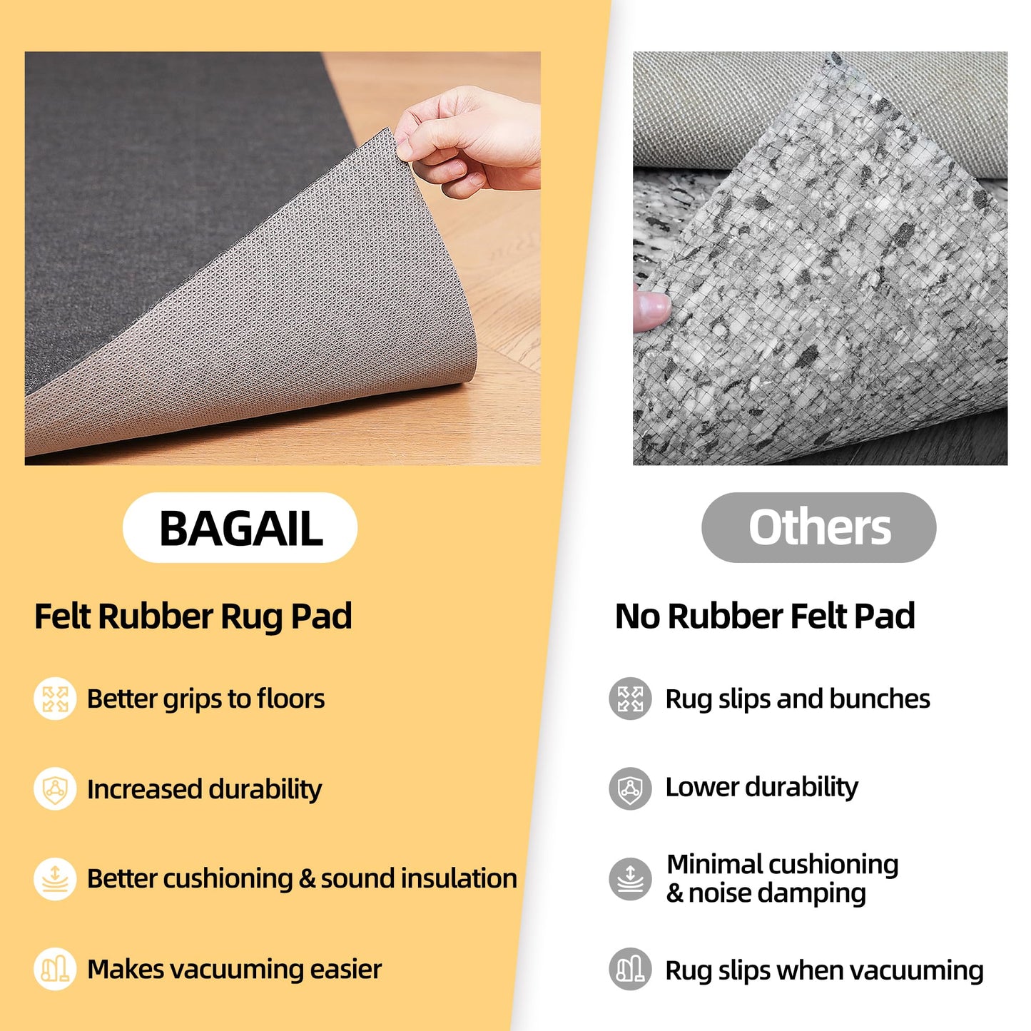 BAGAIL Felt and Natural Rubber Backing Rug Pads 1/4” Thick, 5 x 8 Ft Non Slip Carpet Gripper Keep Rugs in Place, Under Area Rug Protective Cushioned Pads, Carpet Runners, Hardwood Floors Protection