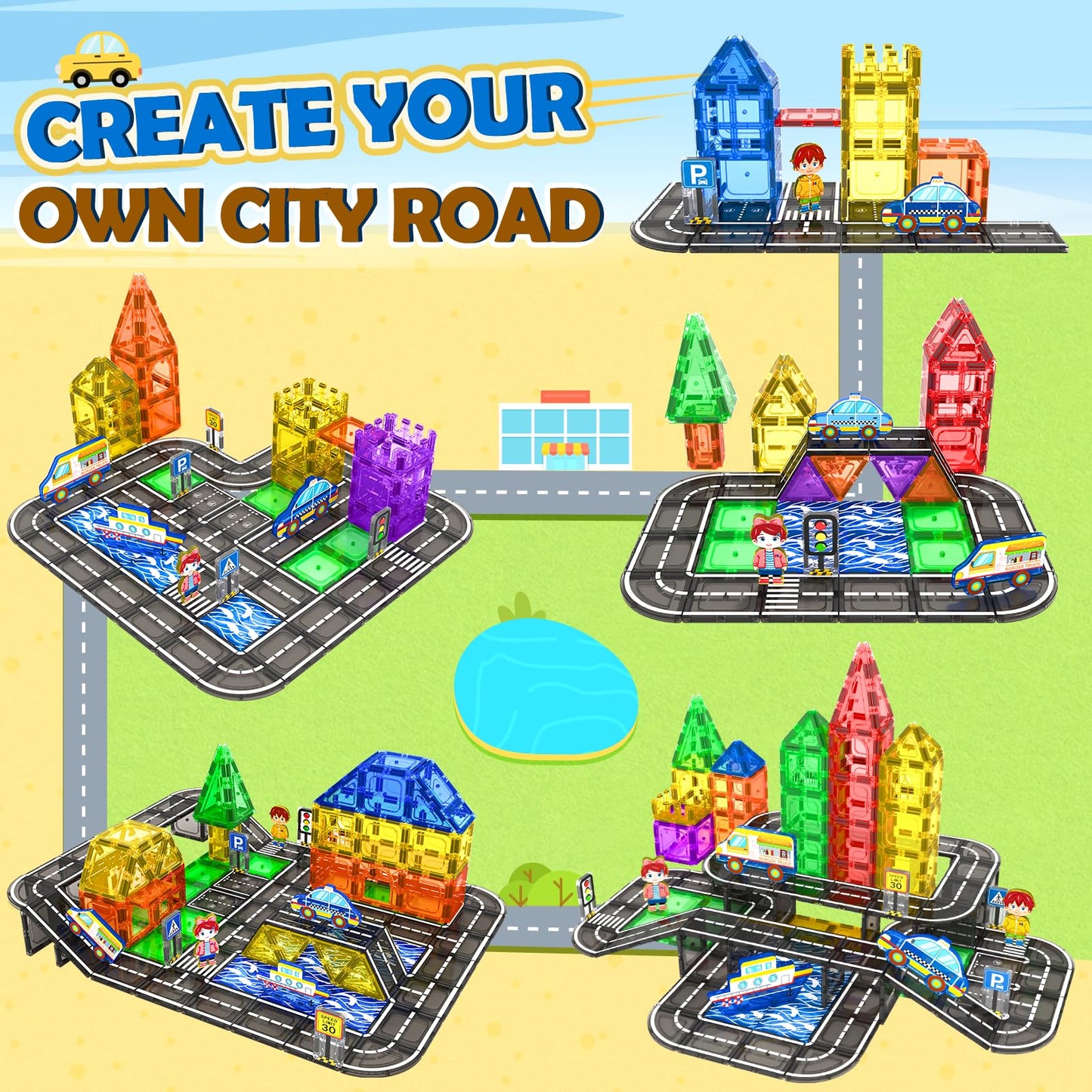112 PCS Magnetic Tiles Road Set, STEM Magnetic Building Blocks for Toddler Kid Toys, City Construction Toys for 3+ Year Old Boys & Girls, Creative Kids Toys Gifts