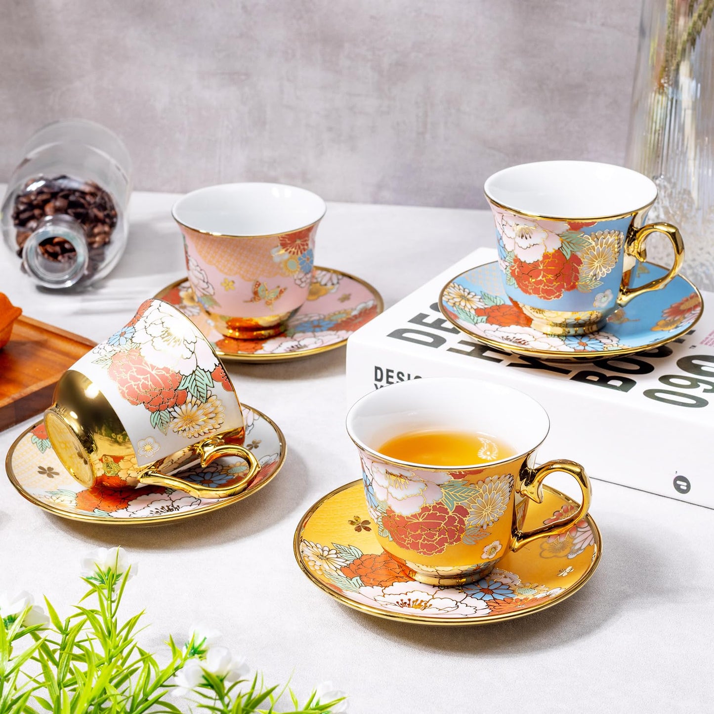 XRBEOU 8 Set Tea Cups and Saucers, 8 OZ Floral Porcelain Cup and Saucers Set for Latte Cappuccino Espresso Mocha Afternoon Tea Birthday Wedding Party Supply Christmas Gift