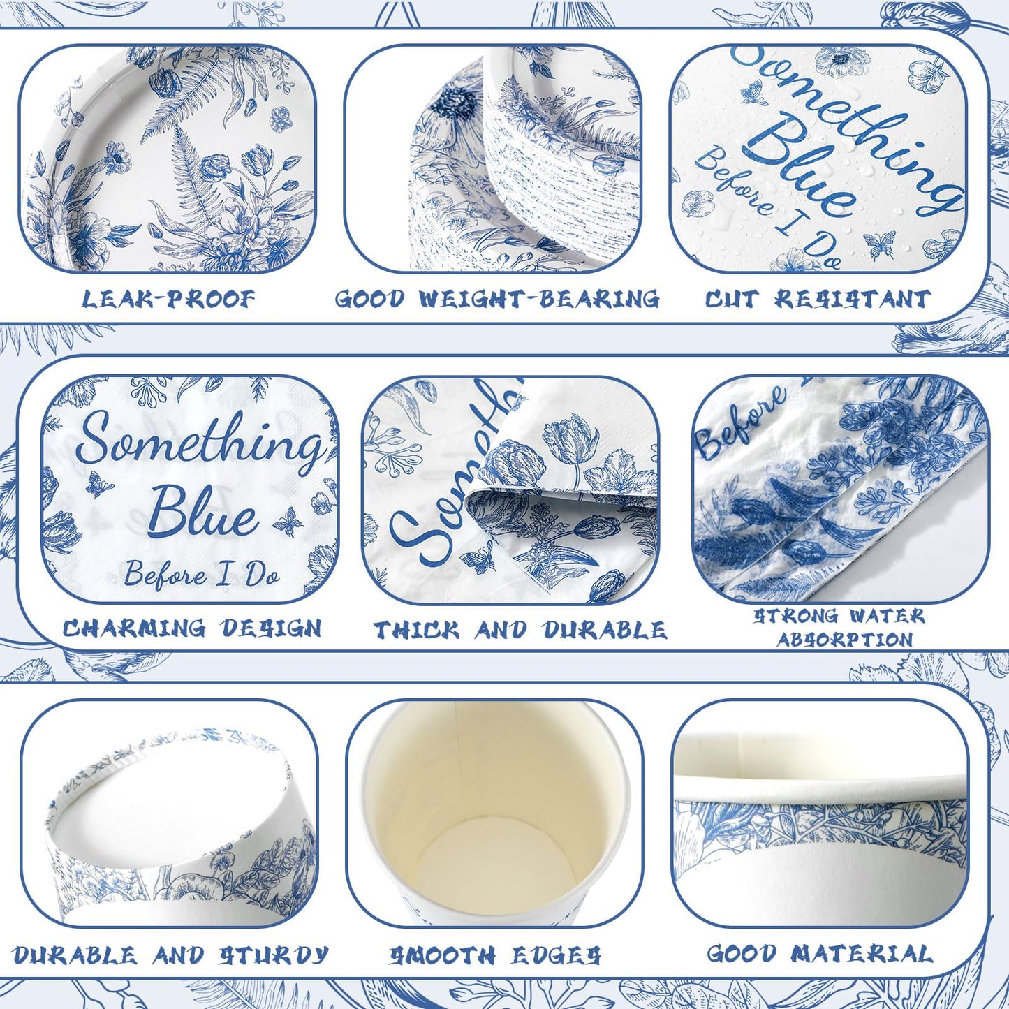 Zhehao 250 Pcs Something Blue Bridal Shower Plates Napkins Sets 50 Pcs 9'' Dinner Plates and 7'' Dessert Plate and 9oz Cups 100 Napkins Serves 50 Party Supplies Bridal Shower Engagement Decoration