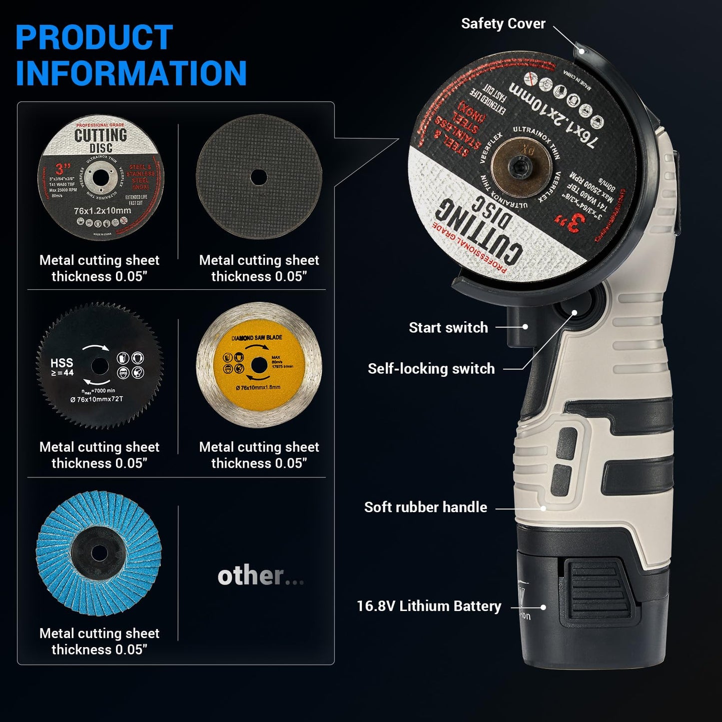 Angle Grinder Tool,Cordless Portable Angle Grinder with 2pcs 16.8V 2000mAh Battery 5-Cutting Discs 28000rpm,Power Angle Grinder for Wood Metal Stone Concrete (brush)