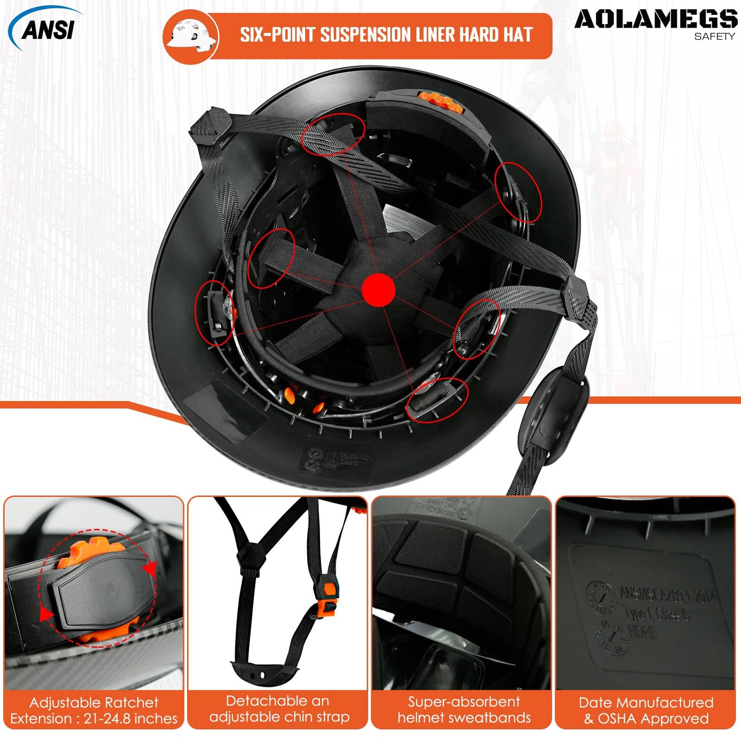 Aolamegs Safe Matte Black Carbon Fiber Pattern Full Brim Hard Hat with Visor - Vented Hard Hats Construction OSHA Approved for Men Adult, Reflective Safety Helmet with Chin Strap,6-Point Suspension
