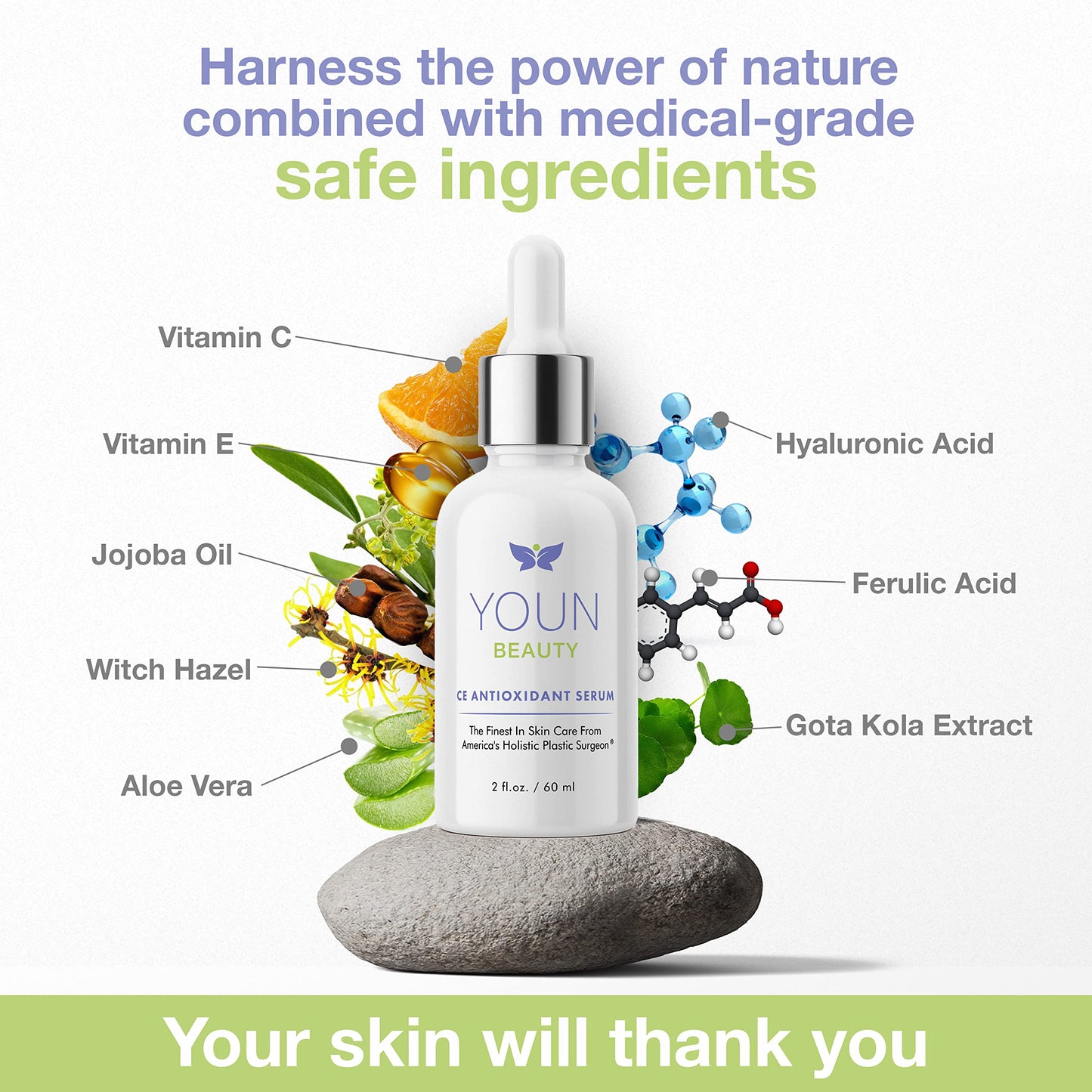 YOUN Beauty 20% Vitamin C Face Serum with Hyaluronic Acid, Ferulic Acid & Vitamin E by Holistic Plastic Surgeon Dr. Anthony Youn | Antioxidant Serum for Face for Skin Hydration, 60 ml