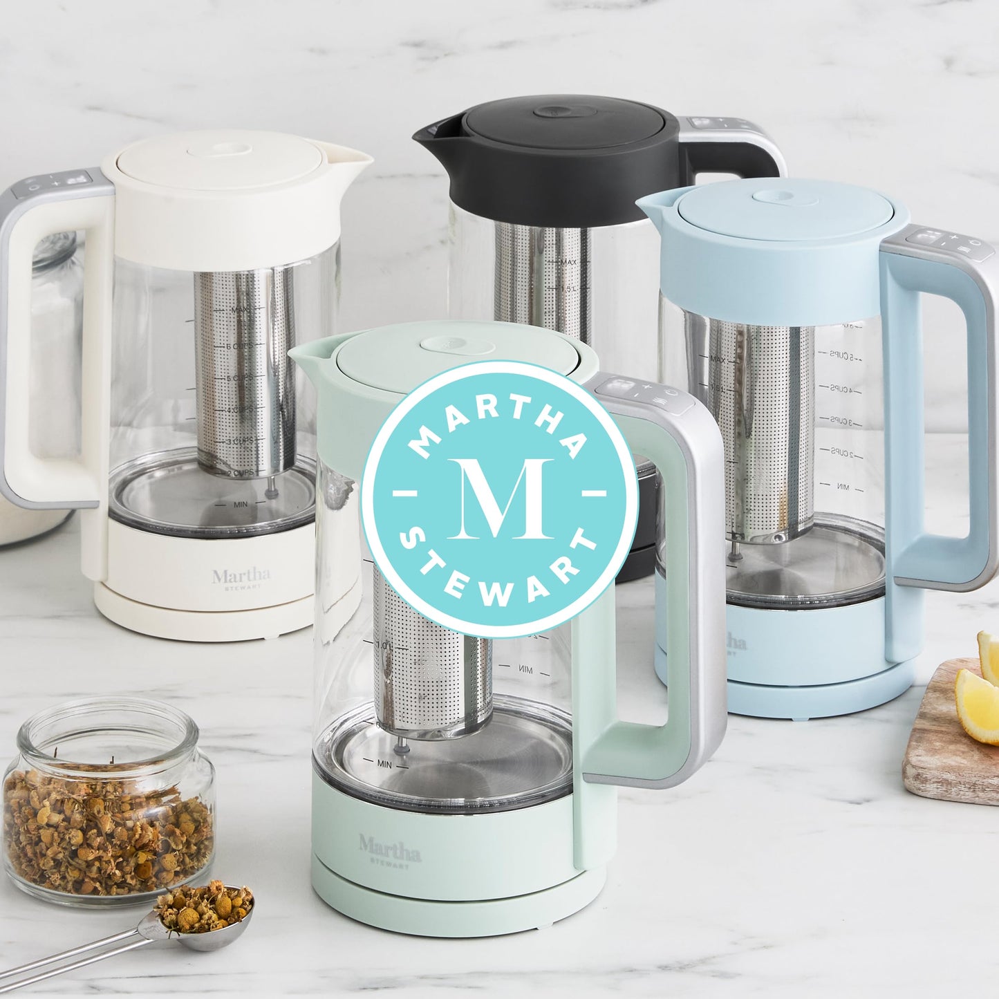 Martha Stewart Electric Kettle with Removable Stainless Steel Tea Infuser, Glass Carafe 1.7L (7 Cups), Hot Water Boiler, 4 Presets, Keep Warm & Auto Shut-Off, Cordless 360° Swivel Base, Linen Cream