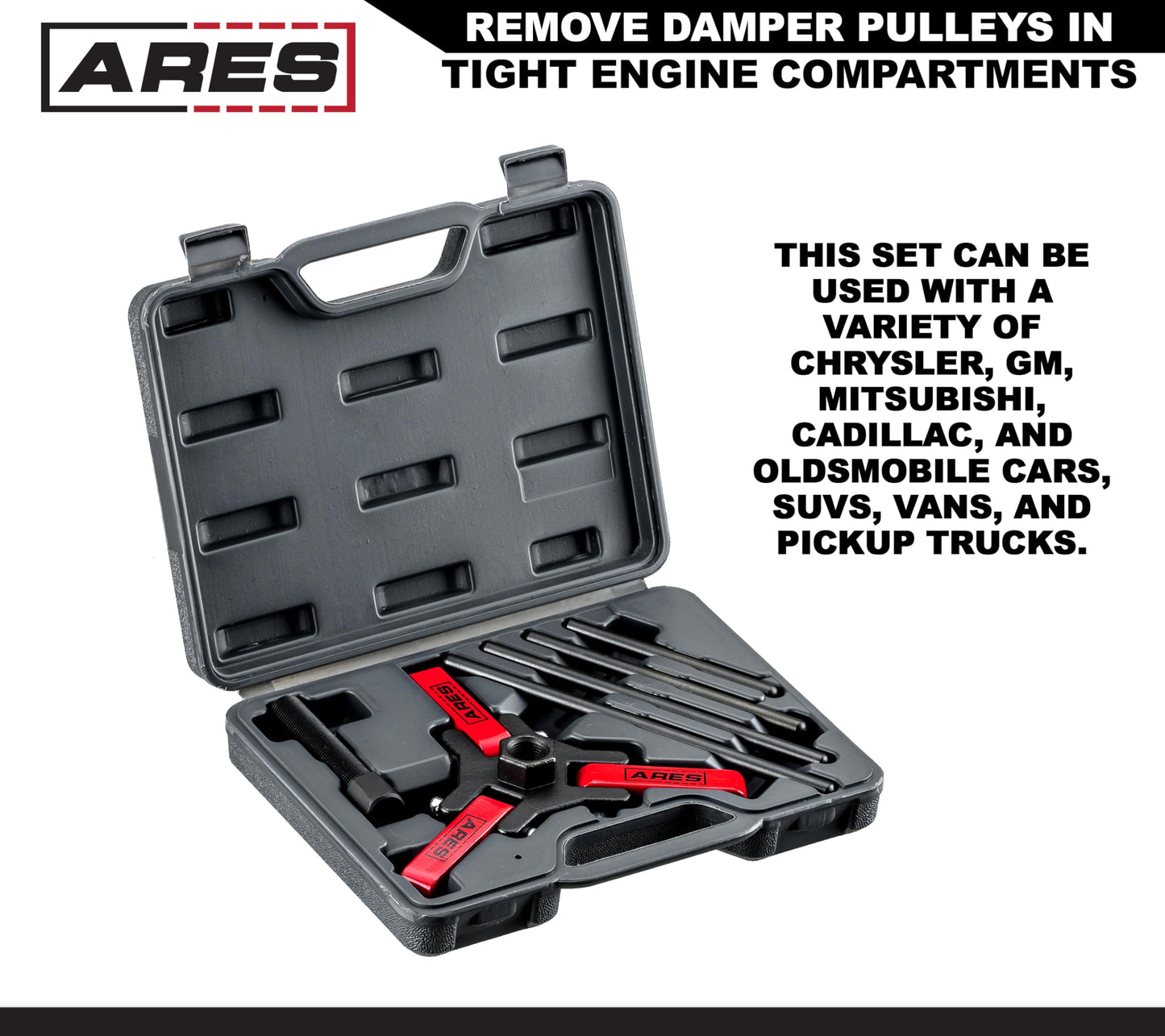 ARES 71002 - Harmonic Balancer Puller Kit - Adjustable 3-Jaw Puller Fits Most Late Model Automobiles & Trucks - Remove Damper Pulleys in Tight Engine Compartments Without Removing The Radiator