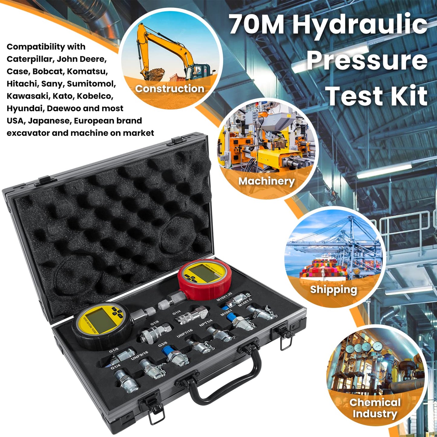 70M Digital Hydraulic Pressure Test Coupling Kit Hydraulic Pressure Gauge Kit for Excavator Construction Machinery 2 Gauges 2 Test Hoses 11 Couplings 700BAR/10000PSI/70Mpa