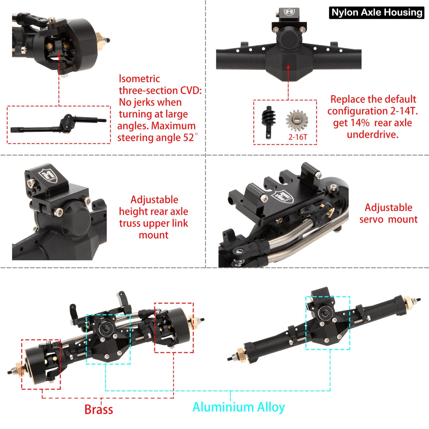 MEUS RACING Nylon SCX24 Axles with Isokinetic 3-Section CVD for Axial SCX24 C10 JLU Gladiator Bronco Deadbolt 1/24 RC Crawler, +5mm Widened and 52° Max. Steering Angle