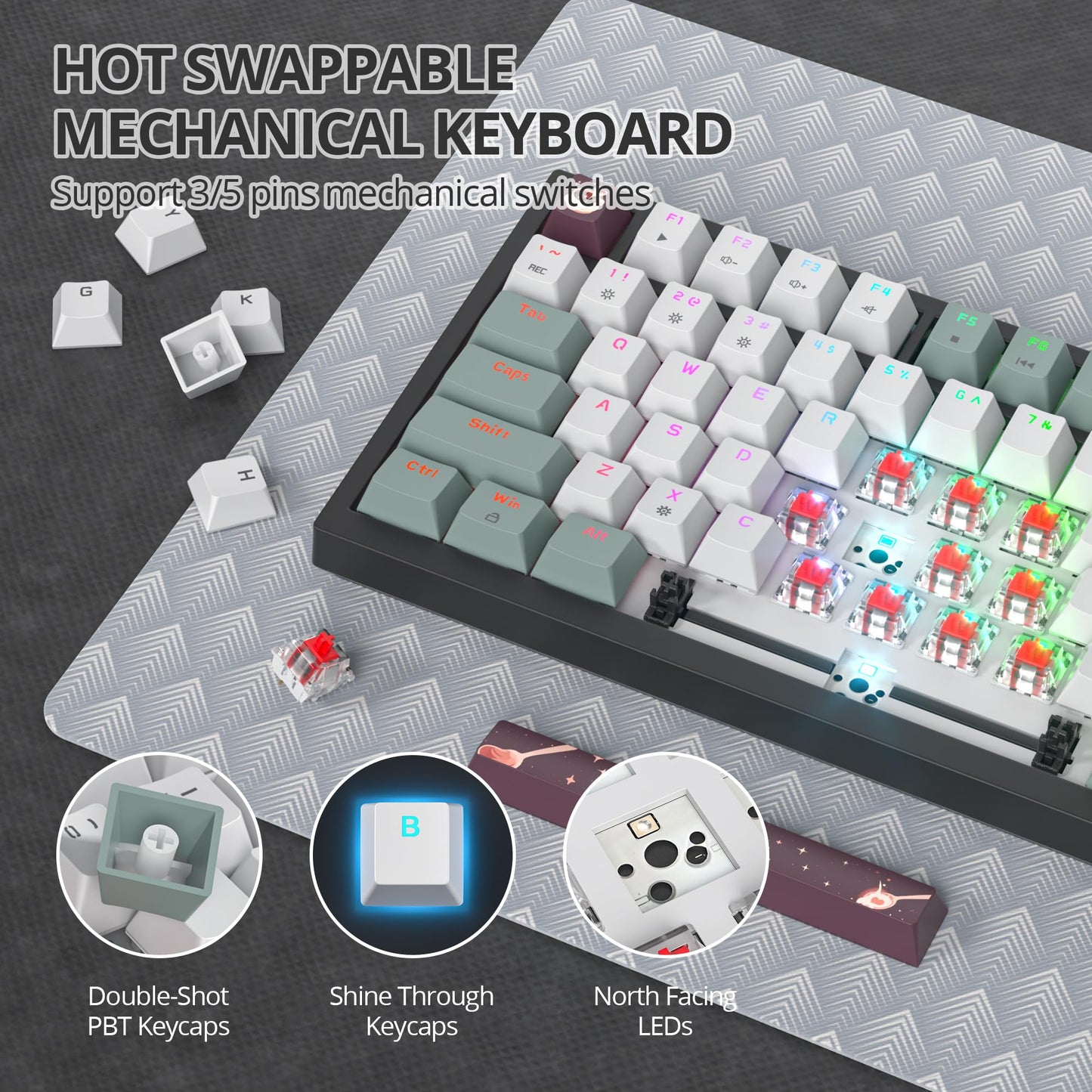 iRoboosta 75% Green Mechanical Gaming Keyboard, Hot Swappable RGB Custom Keyboard with Knob, Gasket Mount Wired TKL Red Switch Keyboard 75 Percent, Creamy Mechanical Keyboard (82 Green White)
